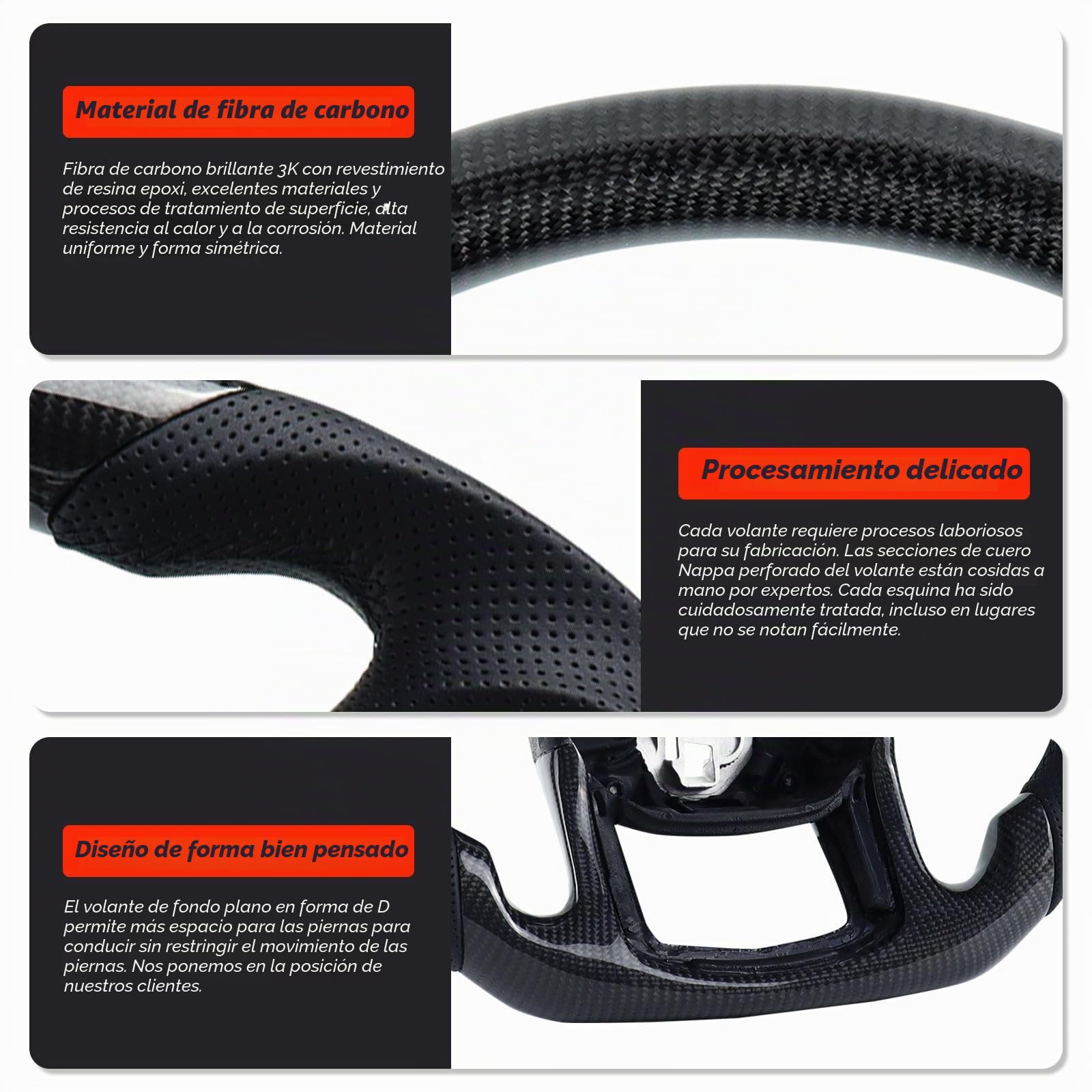 Volante de fibra de carbono y cuero en forma de D, personalizado con base plana y mango de cuero perforado para Range Rover Sport 2014-2022