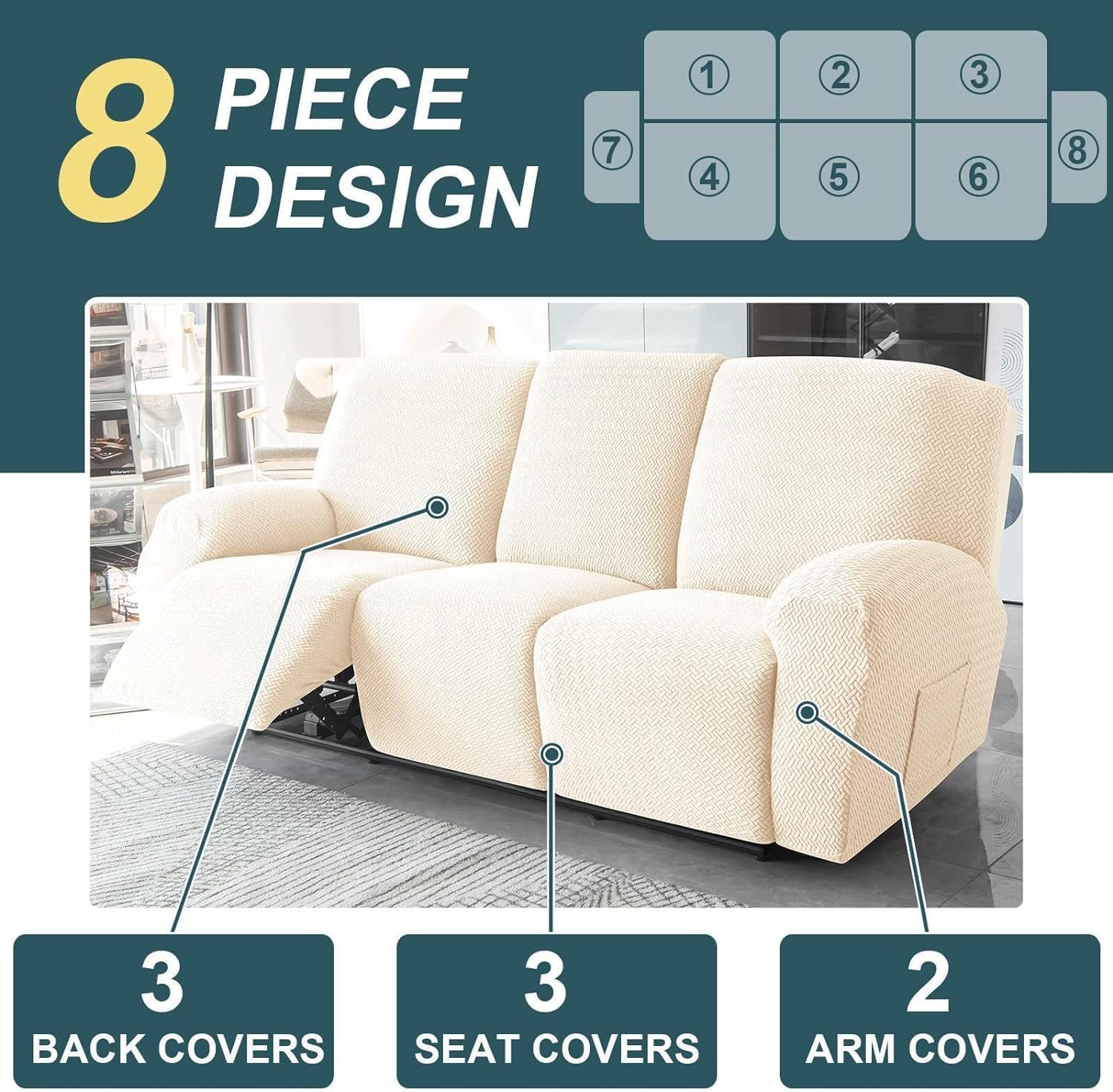 Konsilsa 8-Piece Stretch Recliner Sofa Slipcover Set, Soft Anti-Slip Cover for 3 Seater Reclining Chair, Washable Furniture Protector (Color : A)