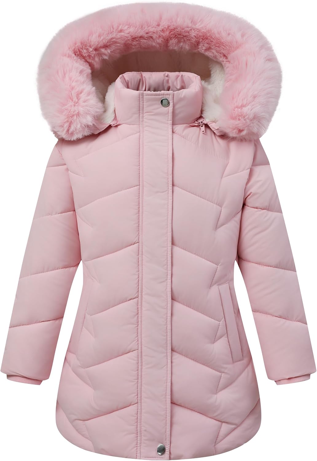Girls Winter Down Coat with Detachable Fur Hood, Kids Thickened Windproof Jacket for Skiing, Sledding