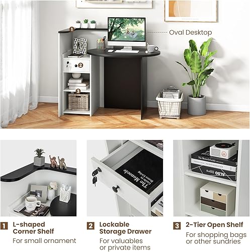 Miniatura 7 de Giantex Escritorio de recepción, mostrador frontal con cajón con cerradura, mesa de pago con mesa redonda, estante de esquina y estante ajustable