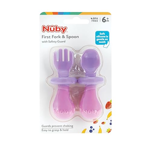 Miniatura 4 de Nuby First Tenedor y Cuchara - Utensilios con protectores de seguridad para bebés de 6 meses en adelante, morado y rosa