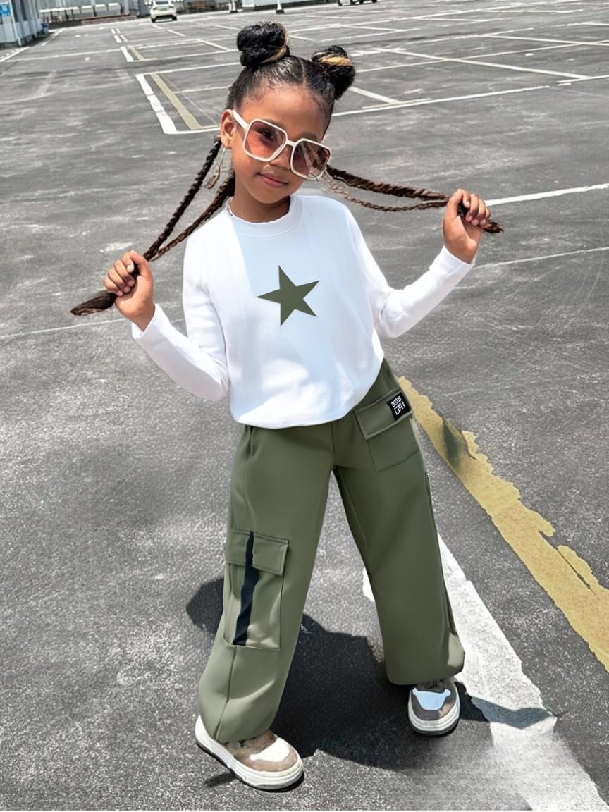 Girls Clothes 2 Piece Outfit Long Sleeve Crop Top + Cargo Pants, Tween Fall Clothing Set, Sizes 5-16 Years - Image 3