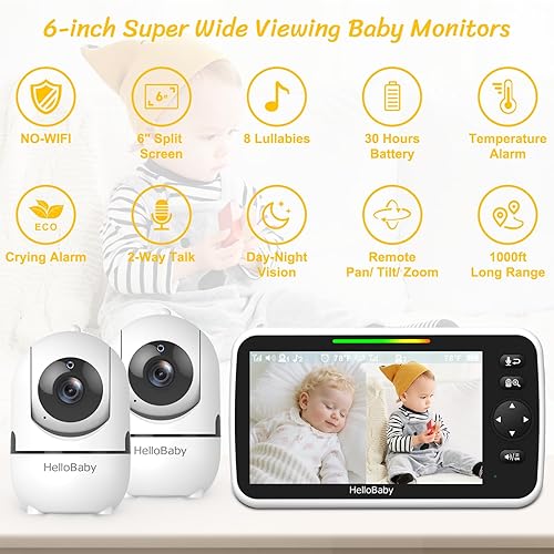 Miniatura 3 de HelloBaby Monitor de bebé con 2 cámaras, pantalla dividida de 6 pulgadas, sin WiFi, batería de 30 horas, zoom panorámico de 355, visión nocturna,