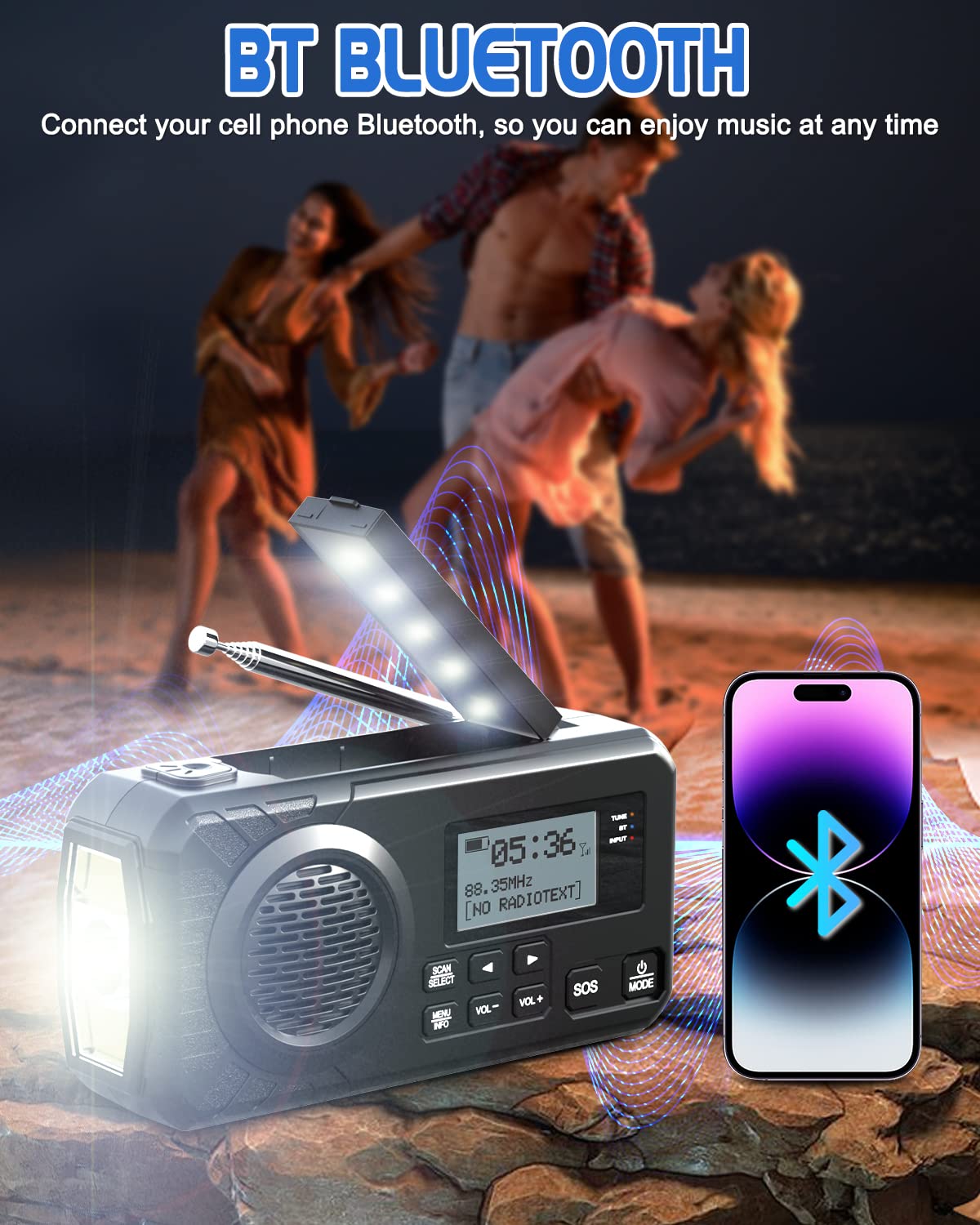 UOHHBOE Radio Solaire Dab/FM 5000mAh Radio Portables USB-C Rechargeable Dynamo Survie avec Manivelle Lampe Poche Lampe Lecture Alarme SOS pour Camping Randonnée Urgence