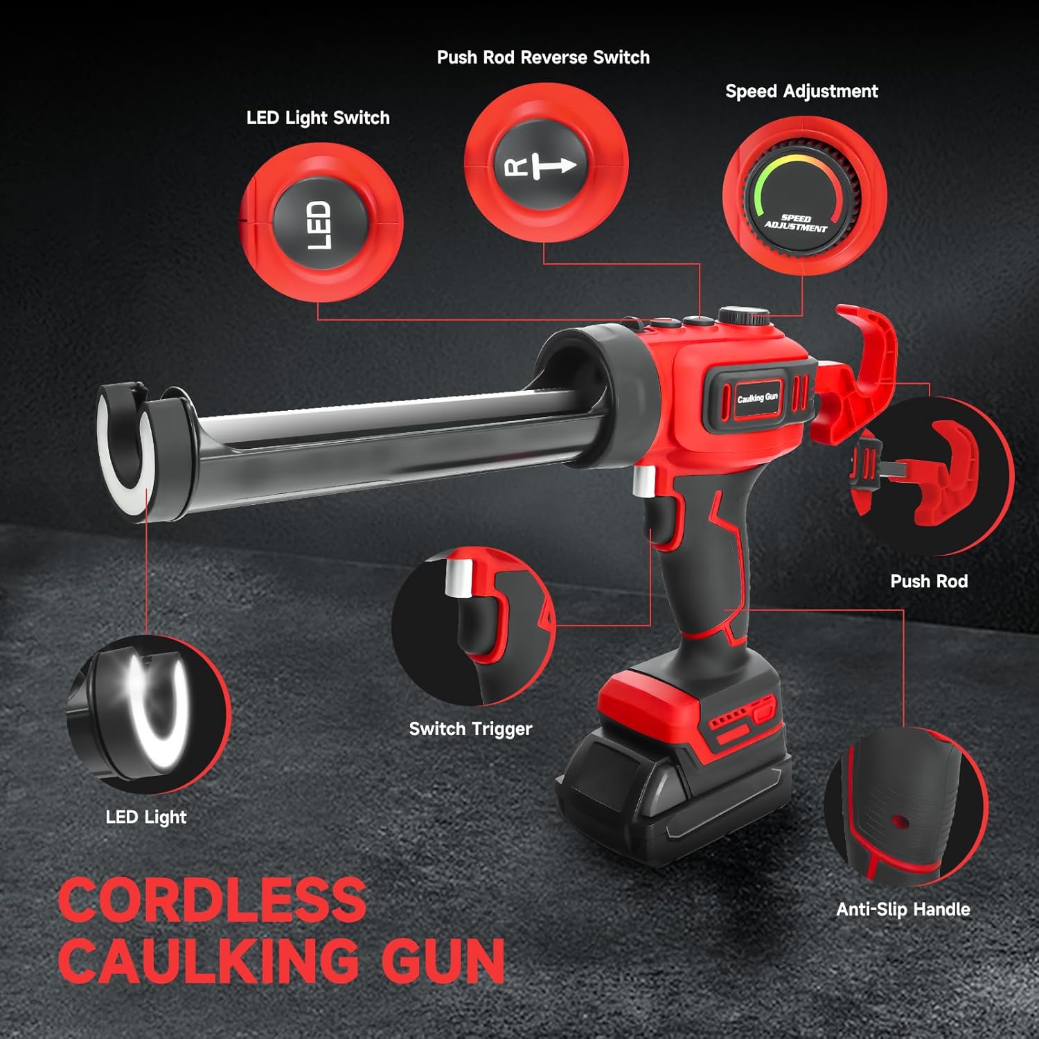 Cordless Caulking Gun for Milwaukee 18V Batteries, Electric Caulking Gun 10 Oz with LED Light, Variable-Speed Adjustment Caulking Gun, Filling and Sealing Tool for Windows and Walls(no battery)