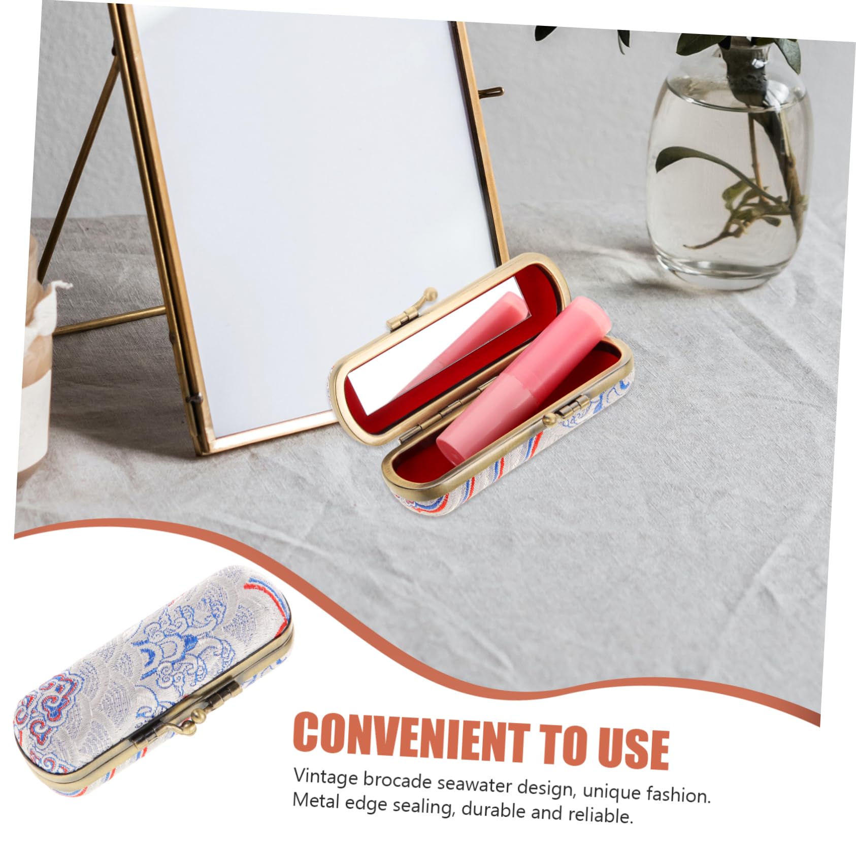 FOMIYES Vintage Metallic Lipstick Case with Mirror Compact Makeup Organizer for Travel Elegant Lip Gloss Holder for Purse Women Retro Seaside Pattern