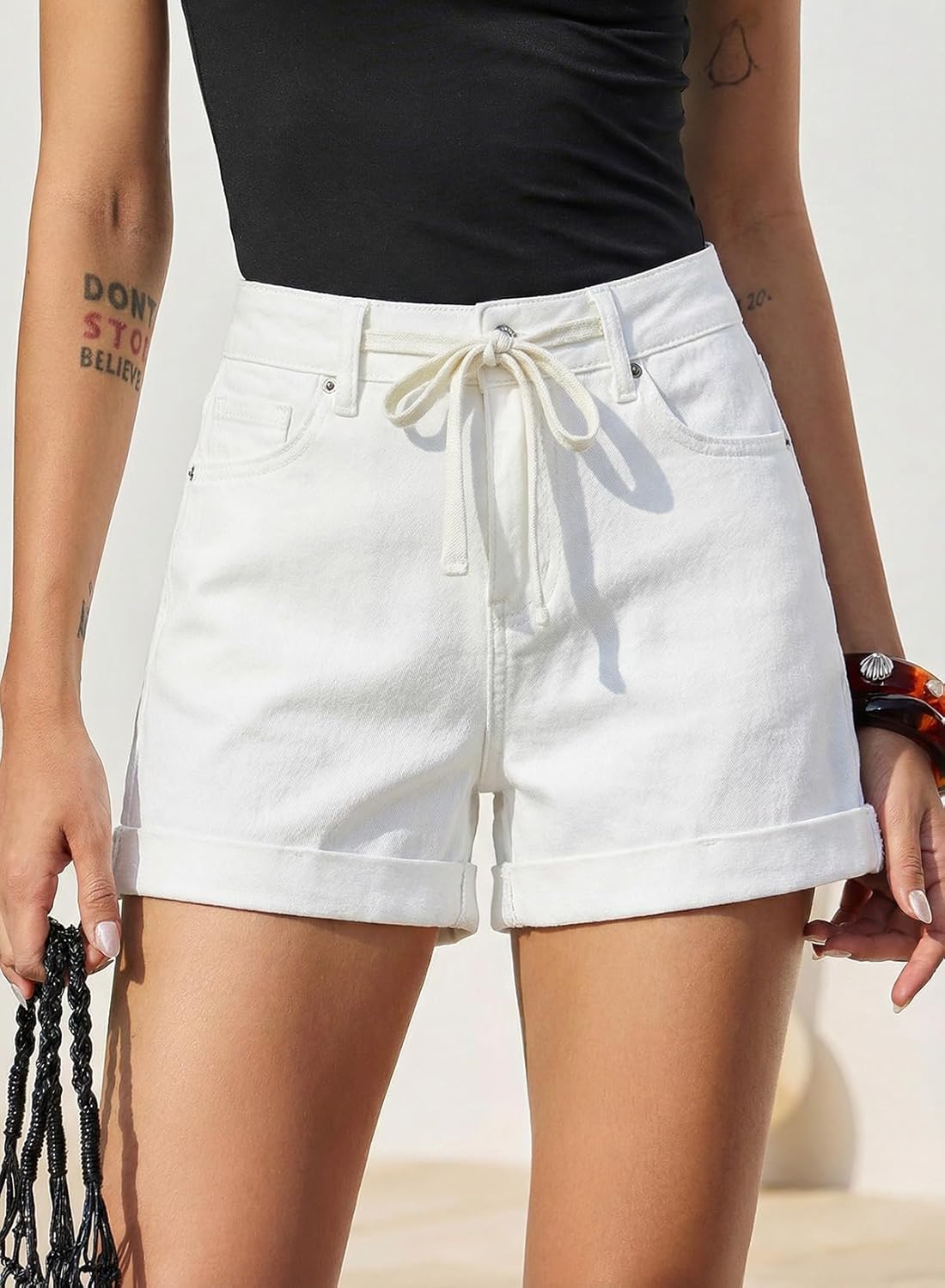 Sidefeel Women's Jean Shorts High Waisted Drawstring Fold Hem Baggy Denim Shorts - Image 3