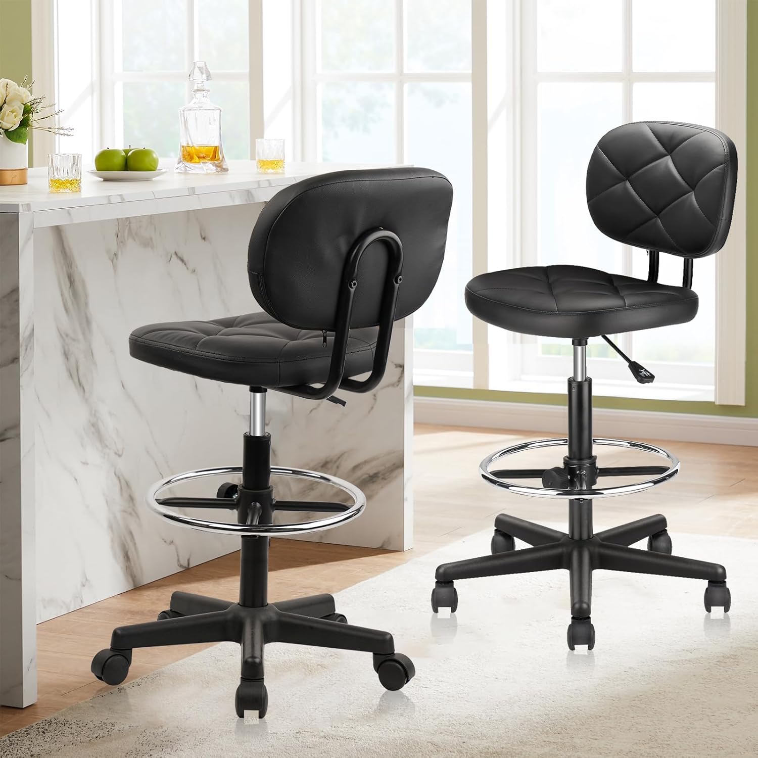 PU Leather Rolling Bar Stool with Wheels and Back, Tall Drafting Stool with Adjustable Height and Footrest, Multi-Purpose Office Desk Chair for Home Kitchen Shop Work, Black (1PK) - Image 2