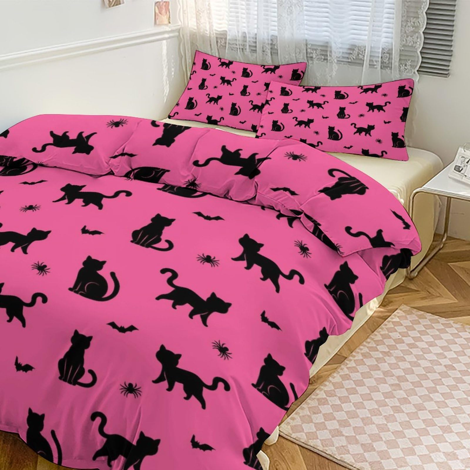 Custom Name Halloween Pink Bat Spider Black Cat Duvet Cover Cute Spooky Personalized Bedding Set Witch Hat Customized Duvet Cover Set Trick Or Treat Spider Webs PumpkinComforter Cover Set 3 Pieces