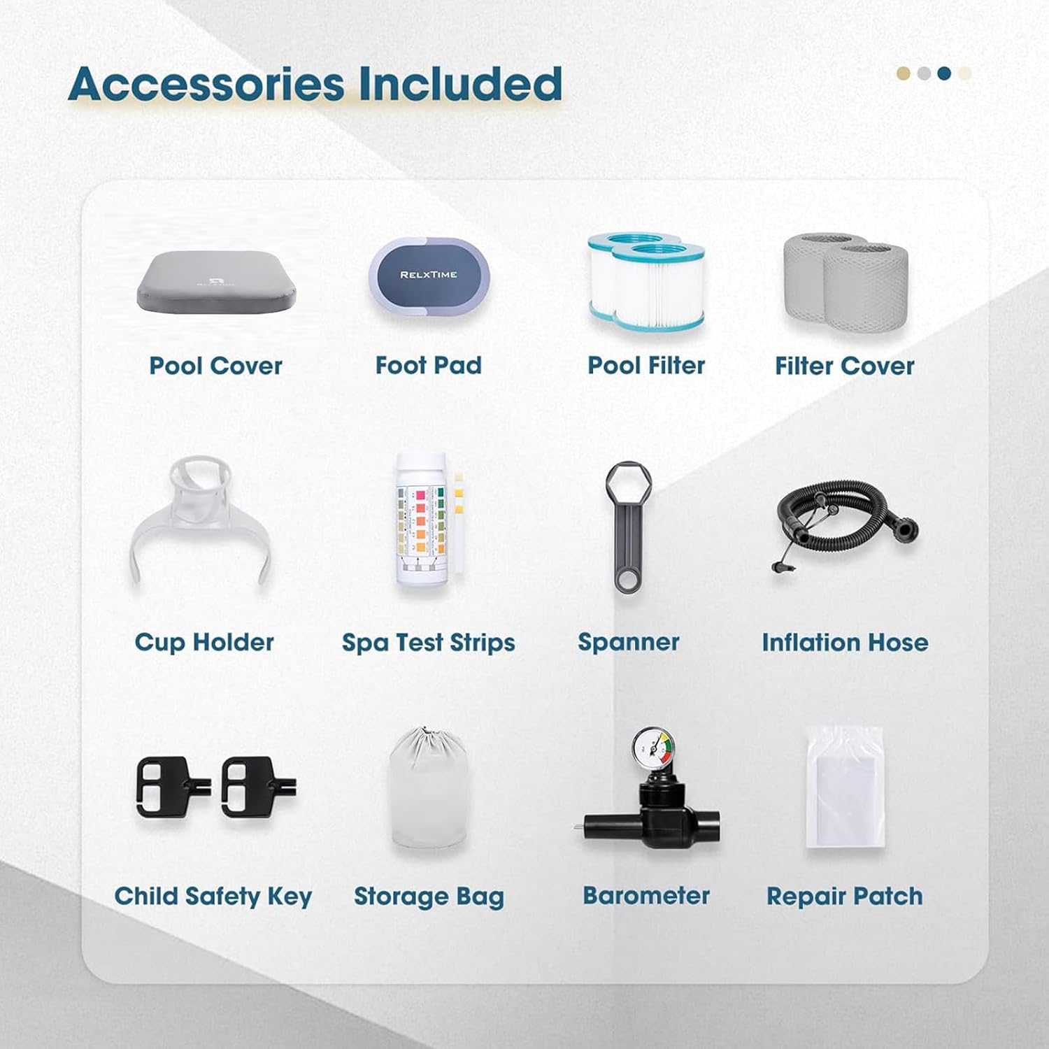 RELXTIME Inflatable Hot Tub product information including dimensions, capacity, and air jets.