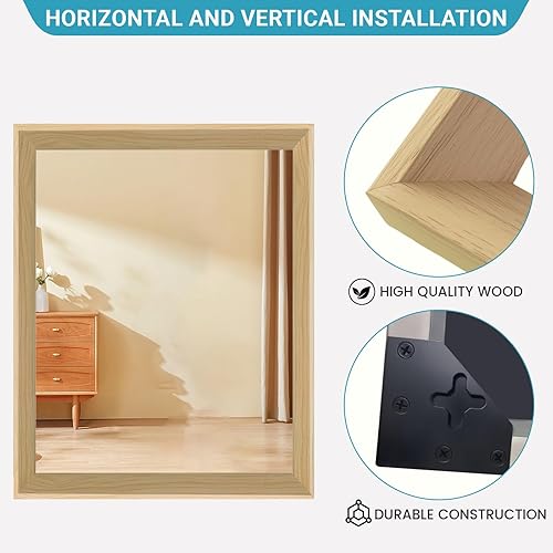 Miniatura 5 de Espejo de pared enmarcado con efecto de madera de roble, espejo rectangular de 16 x 20 pulgadas, vidrio templado antidesilvering de 18 pulgadas,