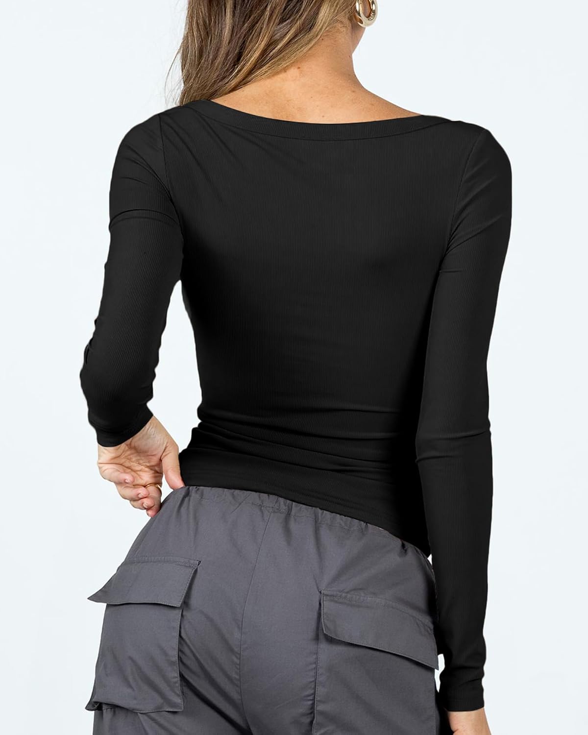 Women's Long Sleeve Crop top, Ribbed & Slim Fitted Cotton Shirts, Square Crewneck Tee Basics for Daily & Casual Wear - Image 3