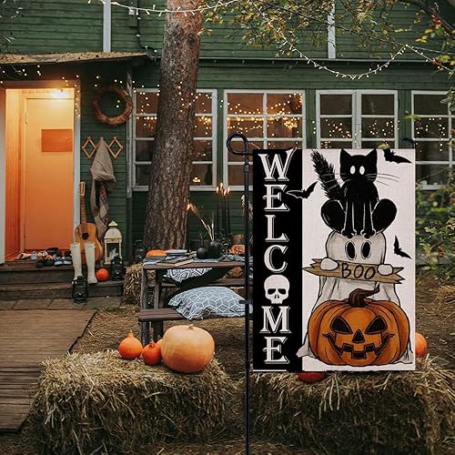 Miniatura 2 de Bandera de bienvenida de Halloween para jardín, floral, de doble cara, vertical, rústica, granja, patio, decoración de temporada al aire libre, 12 x