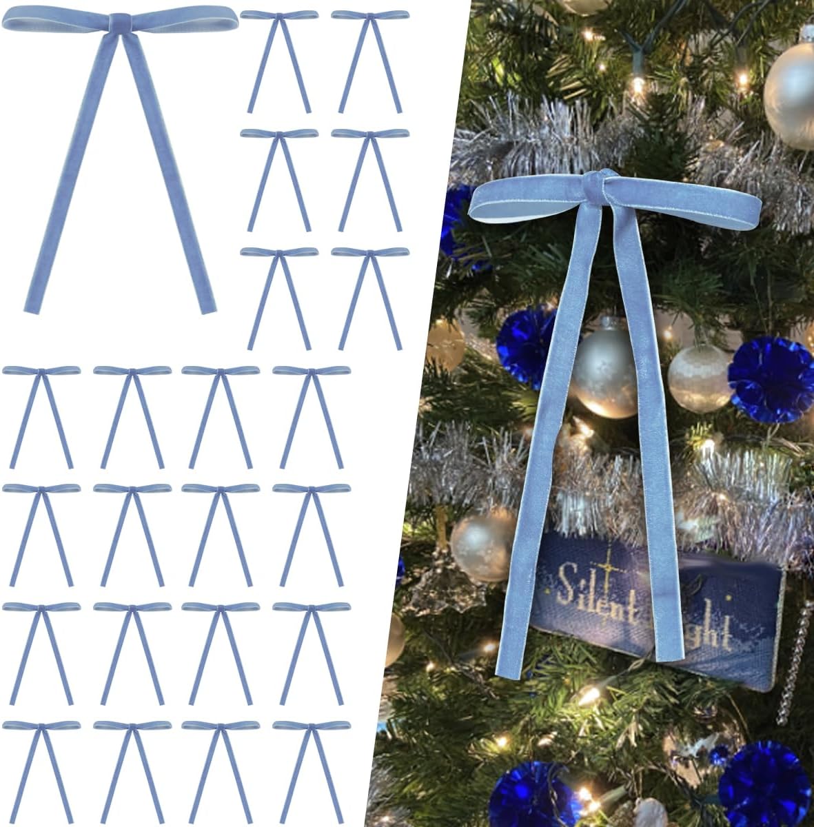 DIYDEC 24PCS Velvet Christmas Bow Ornament 5 x 7 Inch Xmas Wreath Ribbon Bows Christmas Tree Hanging Crafts Gift Bows Pendants for Holiday Home Outdoor Indoor Party Garland Decoration(Sky Blue)