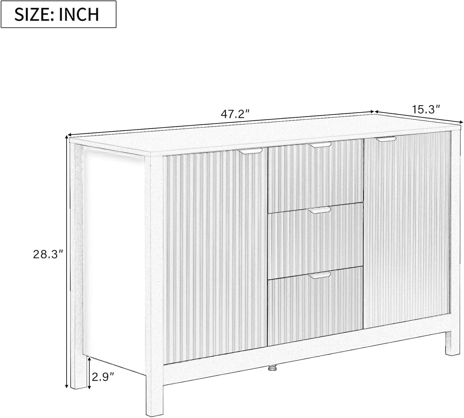 Virubi 47" Fluted Sideboard Buffet Cabinet with Storage Drawers,Doors,Adjustable Shelves and Gold Handles, Wood Modern Sideboard Accent Cabinet for Living Room,Hallway,Entryway (White)