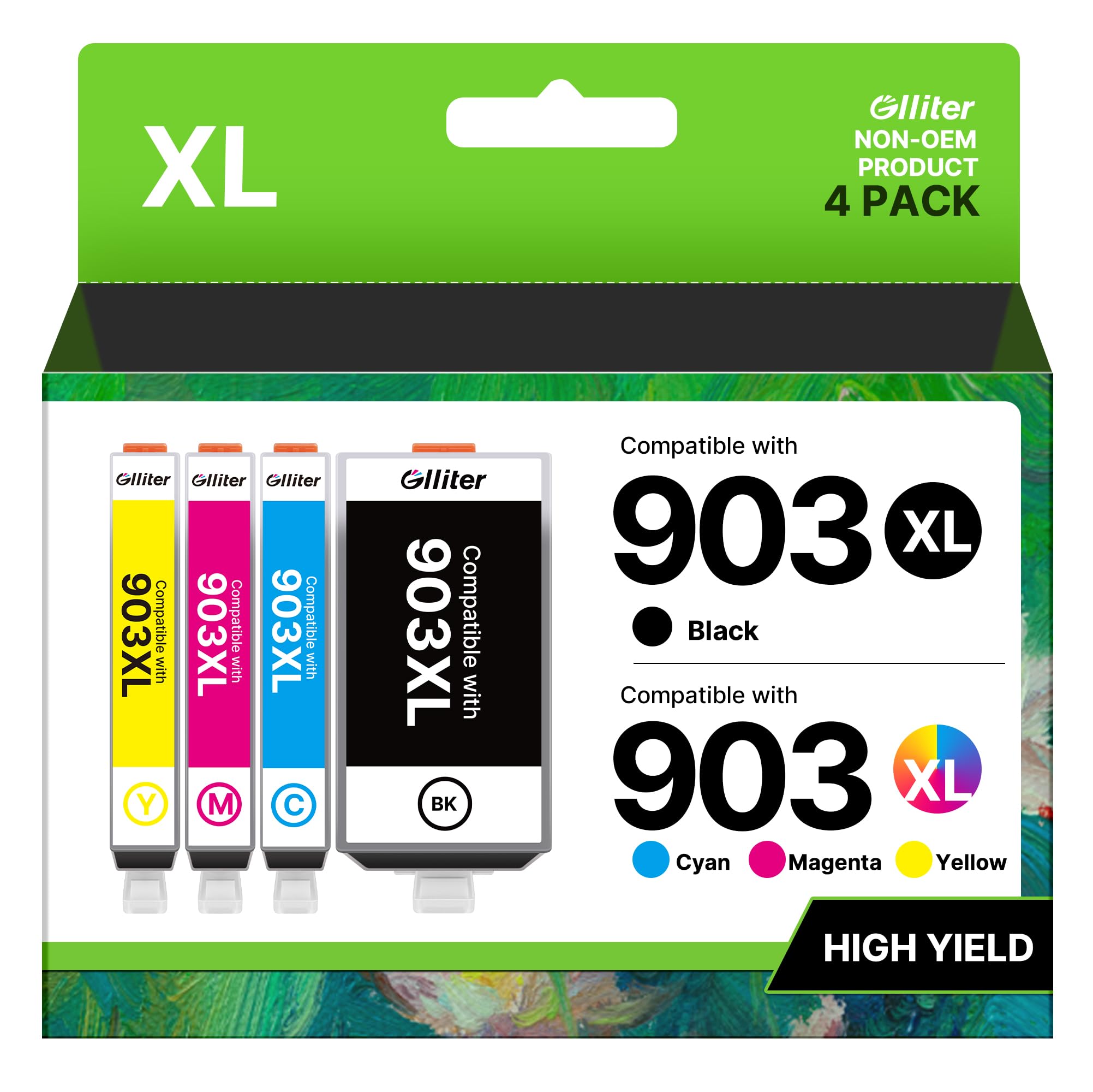 Glliter 903XL Multipack für HP 903 Druckerpatronen für HP 903 XL Kompatibel mit Officejet 6950 Druckerpatronen für Officejet Pro 6970 6960 6974(‎‎‎‎‎‎‎Schwarz Cyan Magenta Gelb, 4er-Pack)
