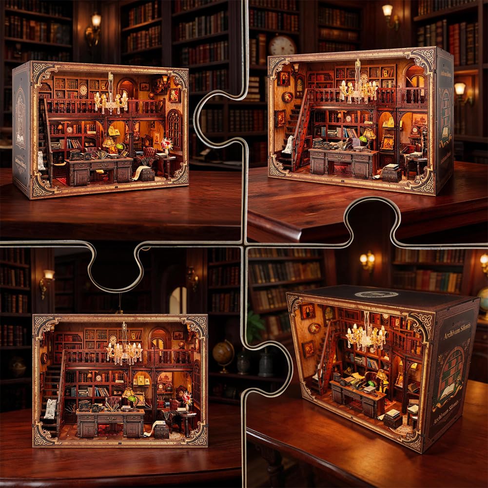 Set fai da te libreria in miniatura, modello di un archivio con rulli antichi, accessori per case delle bambole con illuminazione a LED, regalo di compleanno per familiari e amici