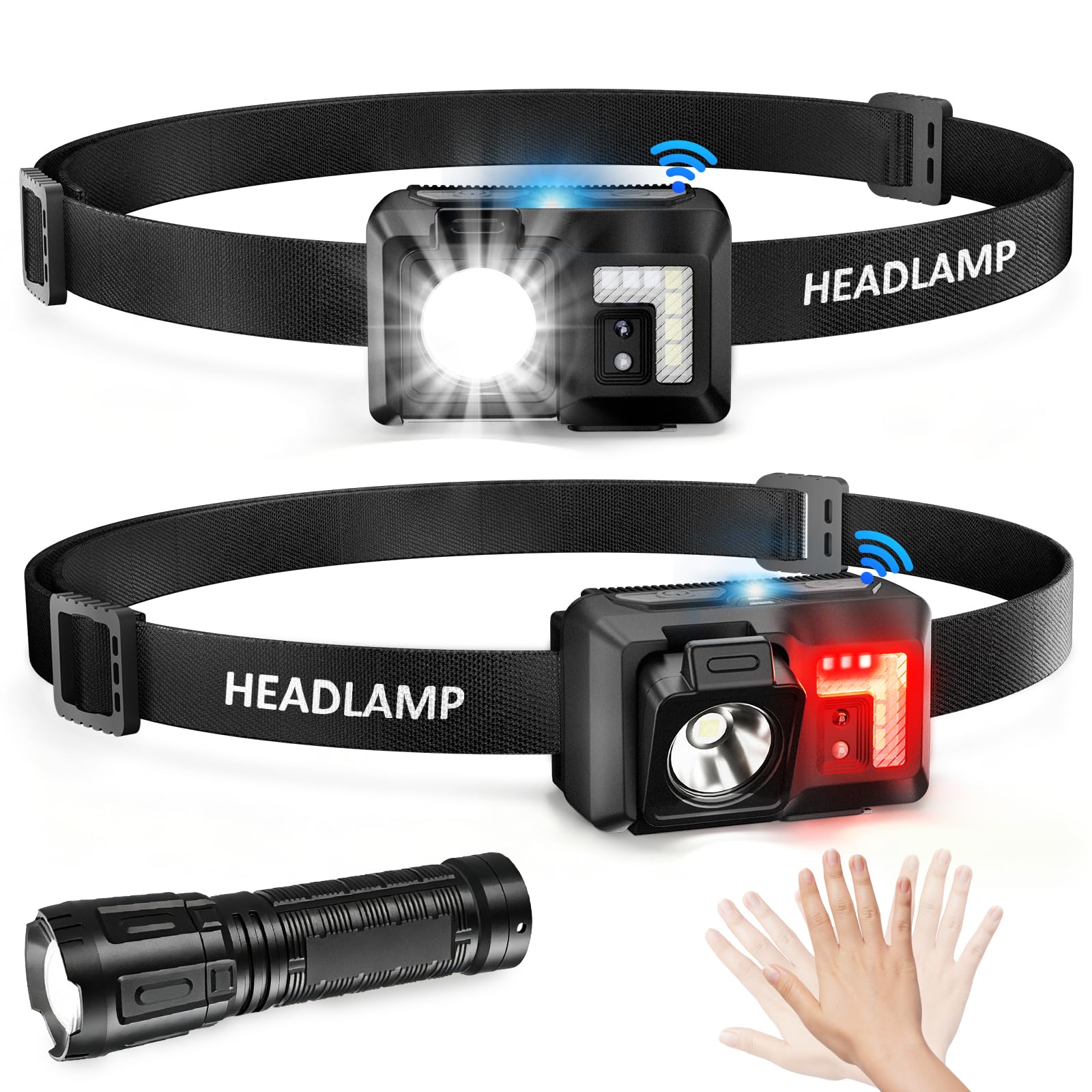 Wiederaufladbare Stirnlampe – LED-Stirnlampe mit rotem Licht, Bewegungssensor – Schwarz