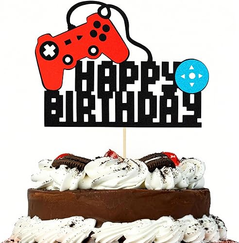 Decoración de pastel de feliz cumpleaños, controlador de juego con purpurina, decoración divertida para pasteles de fiesta para niños y niñas