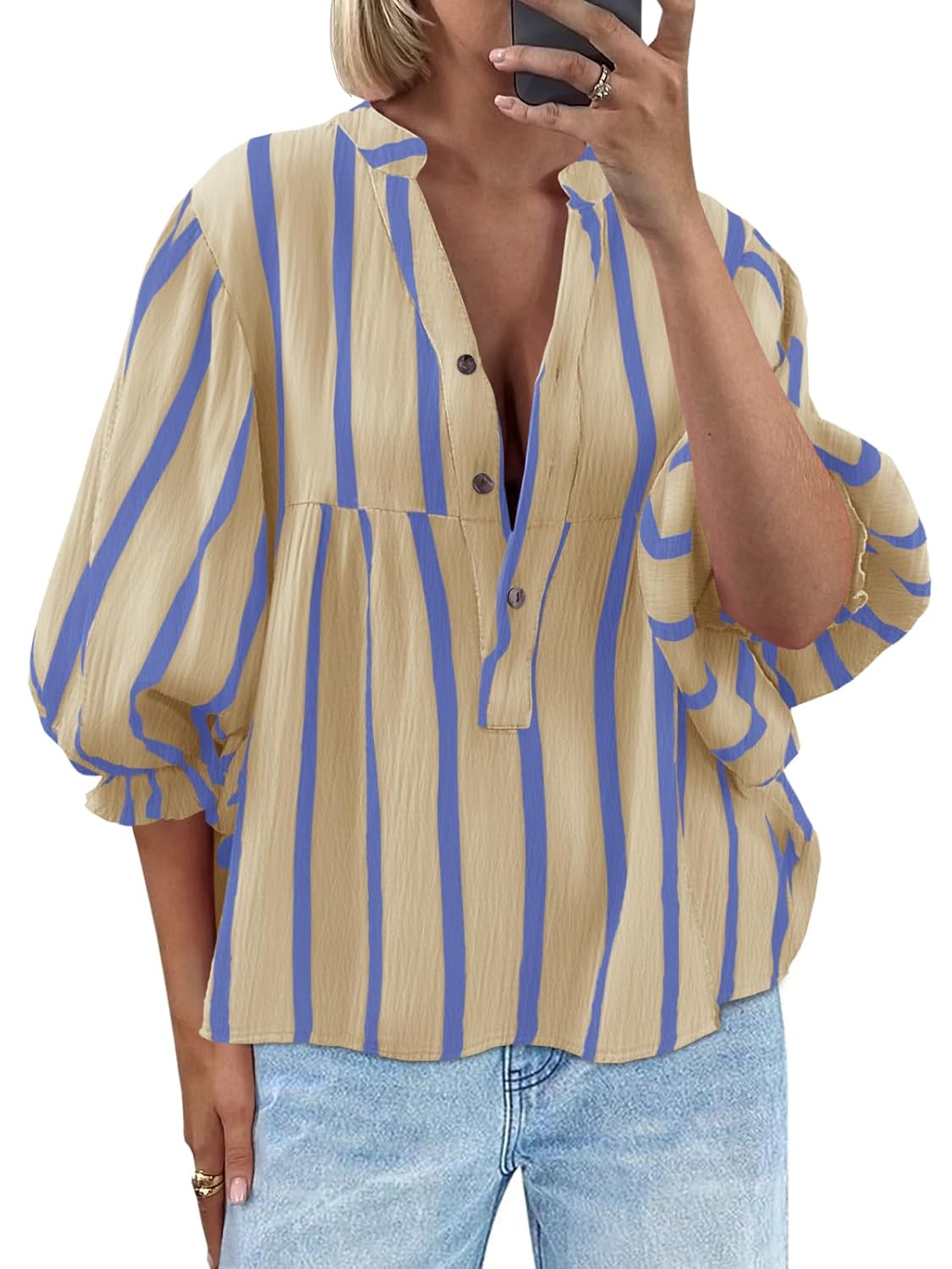 Tankaneo Puff-Sleeve Babydoll Blouse, V-Neck Striped