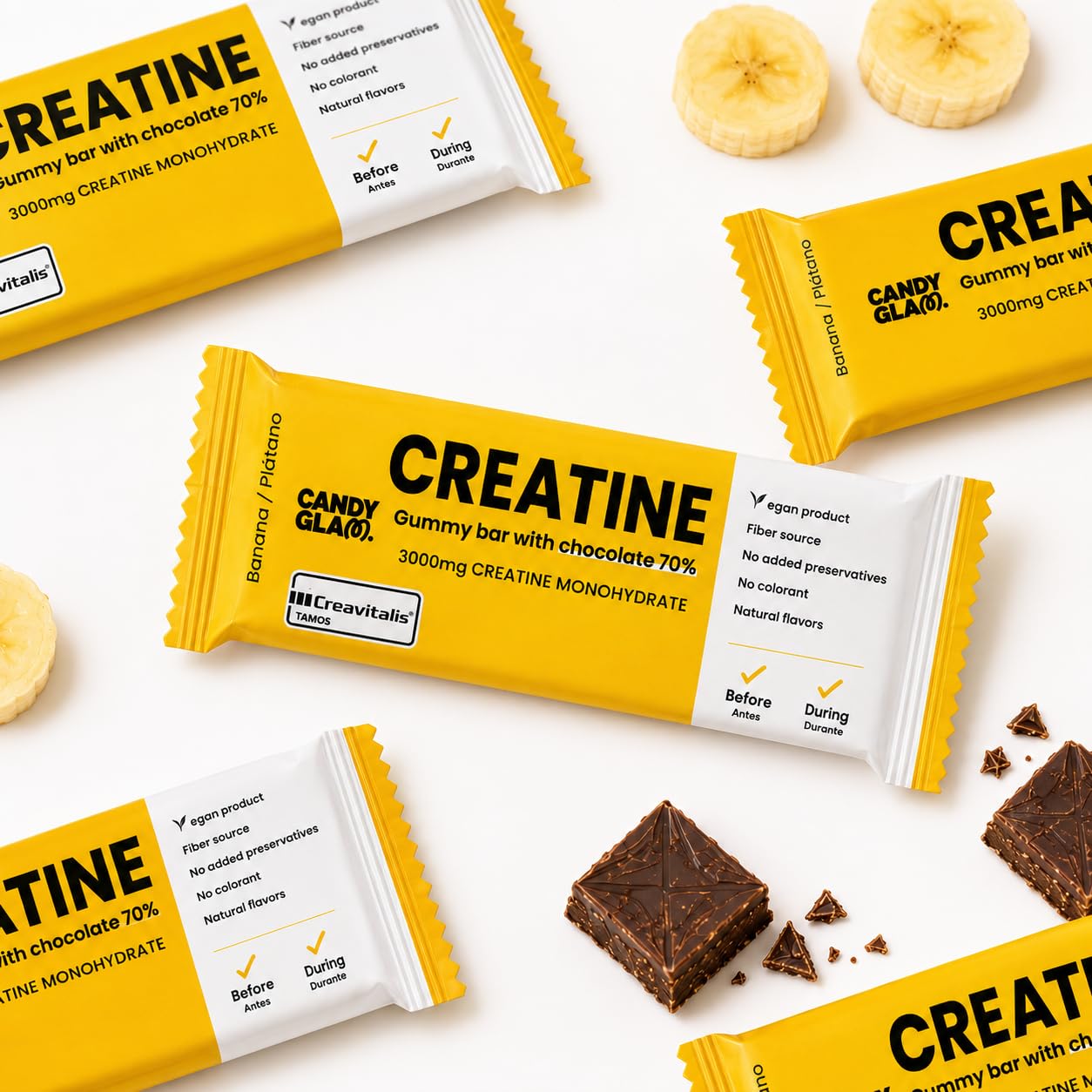 Candy Glam Kreatin-Gummy-Riegel 24er-Pack, Banane & 70% Zartbitterschokolade, 3000 mg Kreatinmonohydrat, funktioneller Sport-Snack für Training und Fitness Plus