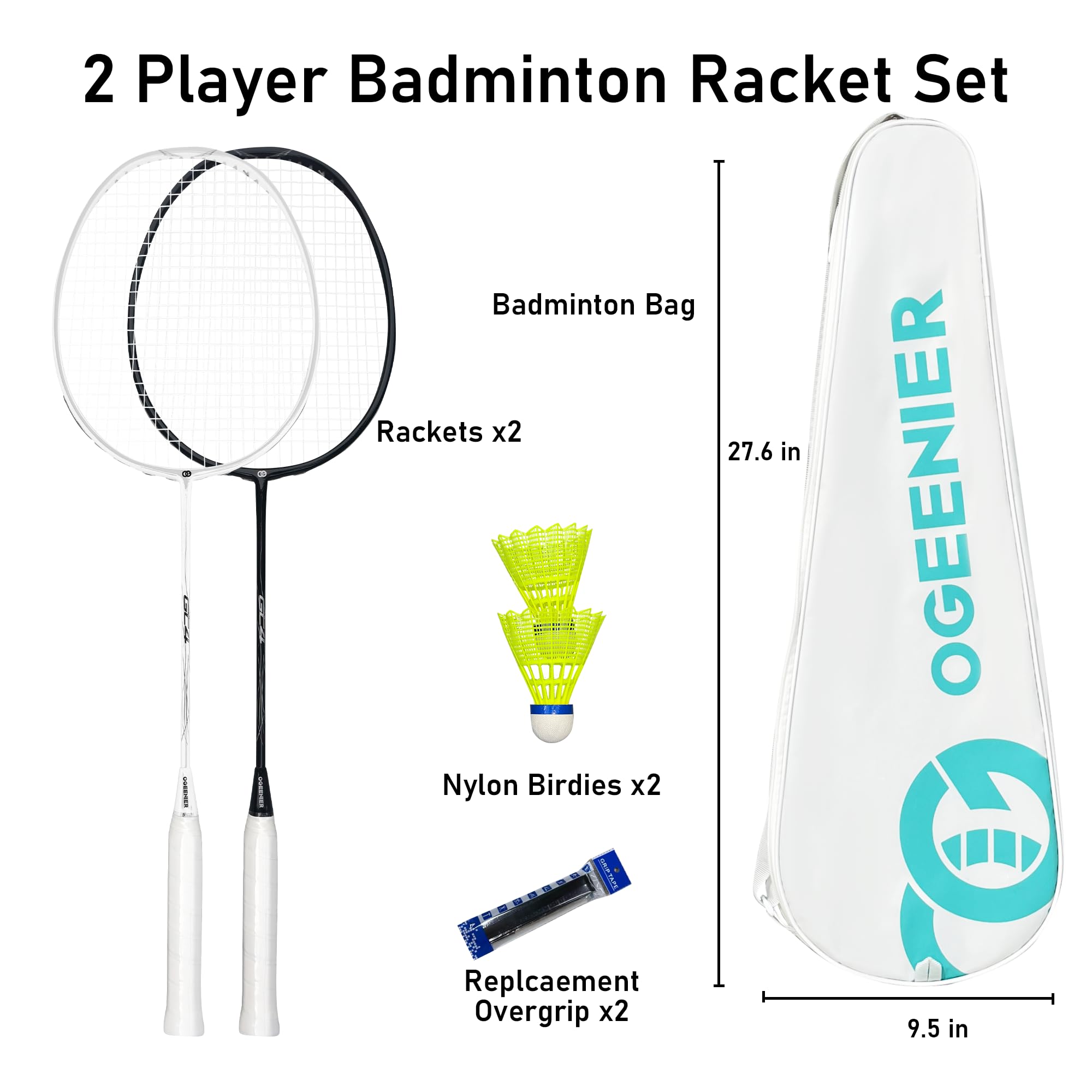 OGEENIER 3U Badminton Set Federball Set Badmintonschläger Profi mit Tasche | Federball Set: 2 Badmintonschläger, 2 Federbälle, 2 Griffbänder + Tasche. Ideal für Freizeit & Turnier.