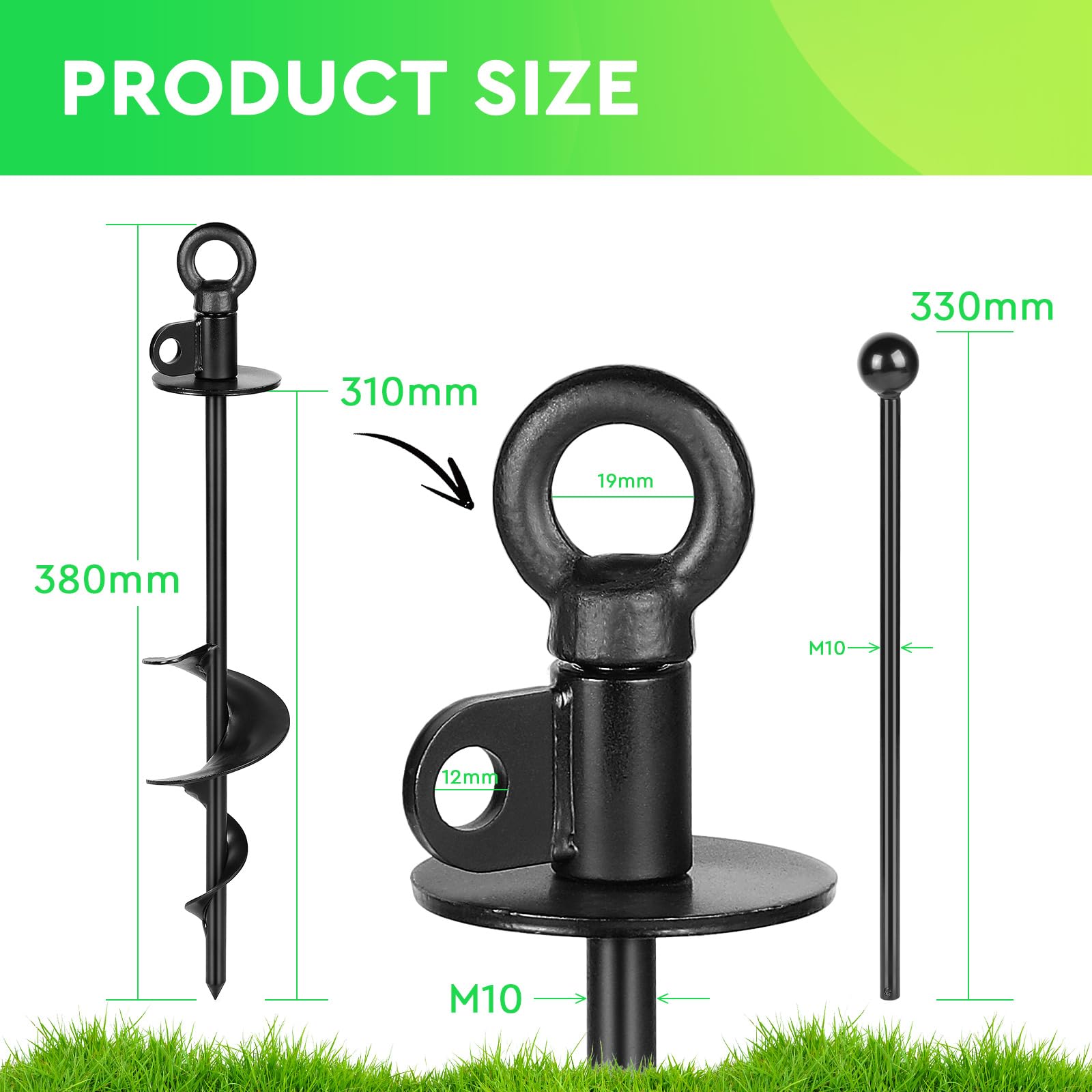SWAWIS Piquet d'attache pour Chien Noir 38cm avec Anneau Rotatif à 360°, pour Chiens Pesant Moins de 100kg, avec Brosse de Nettoyage et Levier, pour Camping Plage Pelouse, sans Enchevêtrement