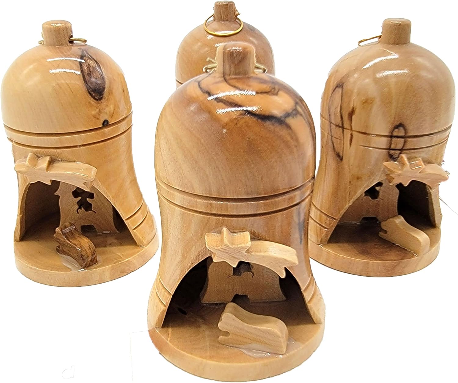 Zuluf Bulk Olive Wood Bell Christmas Ornaments from Bethlehem - Religious Nativity, Catholic Chrismons for Christmas Tree, Holy Land Israel Souvenirs, Christian Decorations Set of 4
