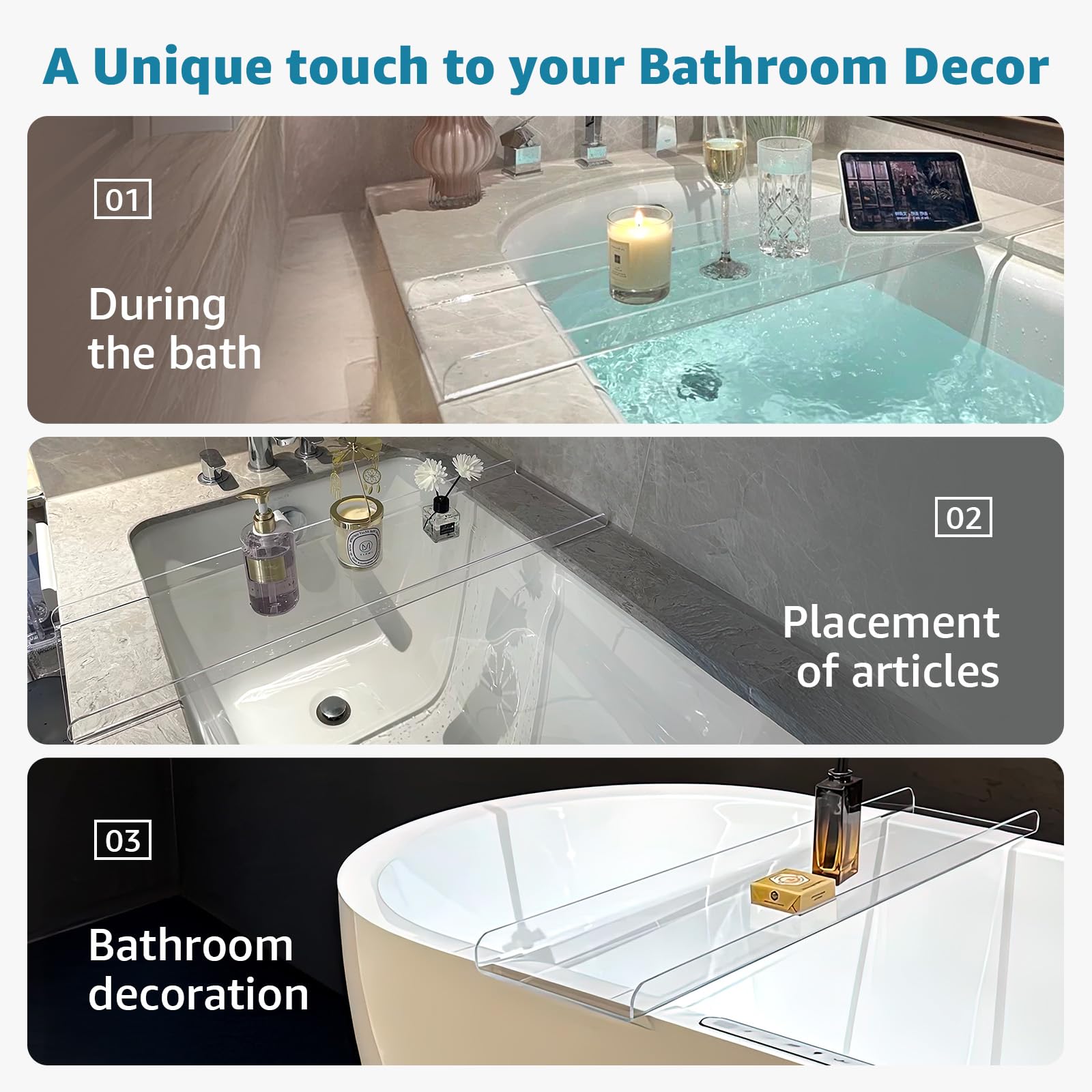 Vassoio per vasca da bagno, vassoio trasparente per vasca da bagno di lusso, portaoggetti impermeabile con superficie elegante, nessun montaggio, facile da pulire, organizer per vasca da