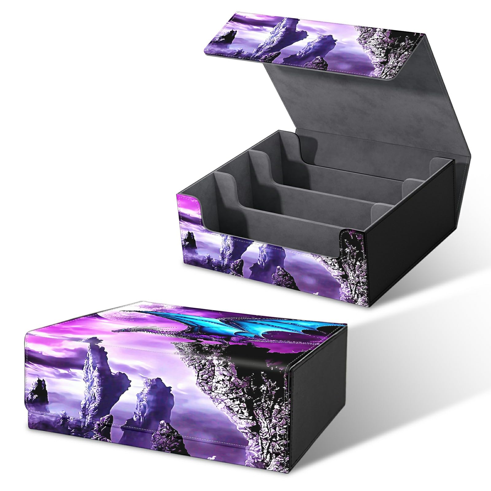 RWUTYTIUL Card Deck Box for MTG, Cards Storage Box Fits 120+ Sleeved, Leather Big Size Strong Magnetic Closing Case for Board Games Magic TCG CCG Baseball Collection Women Man, Purple Mountain Dragon