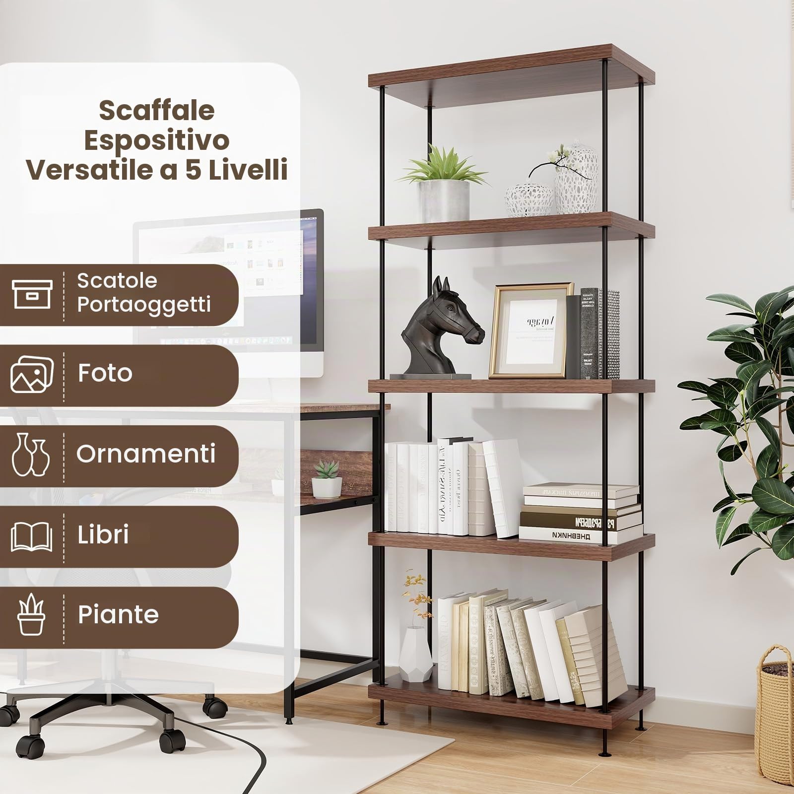 HOMASIS Libreria Vintage, Libreria Verticale in Metallo e Legno, Scaffale Espositore in Marrone, Scaffale a Scala per Salotto, Camera da Letto, Ufficio (60 x 29,5 x 147 cm)