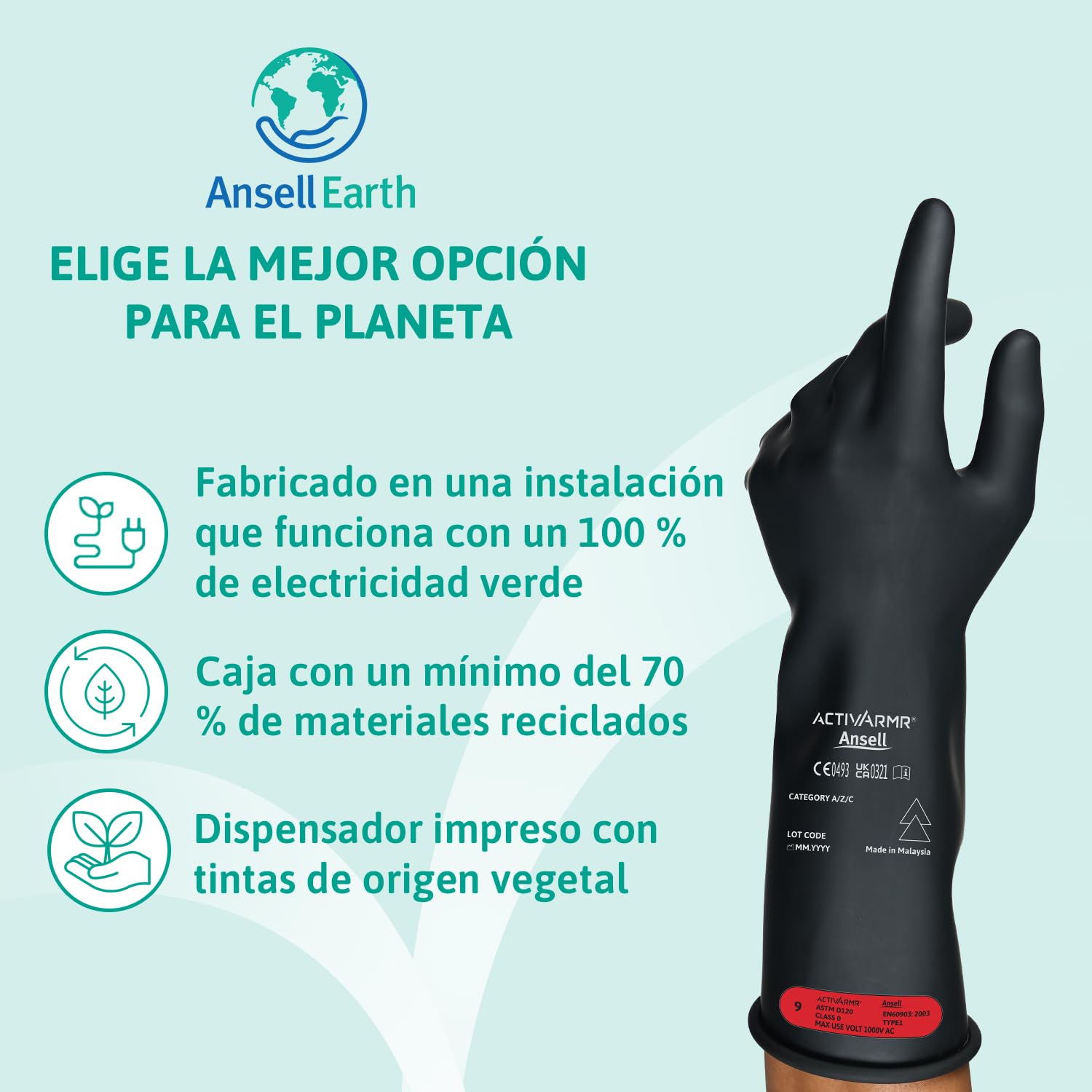 Ansell ActivArmr Guantes Aislantes Dieléctricos, Protección Eléctrica Class 0, Tensión 1000V, Trabajos con Electricidad, Látex de Caucho Natural, 36 cm, Negro, Talla L, 1 Par
