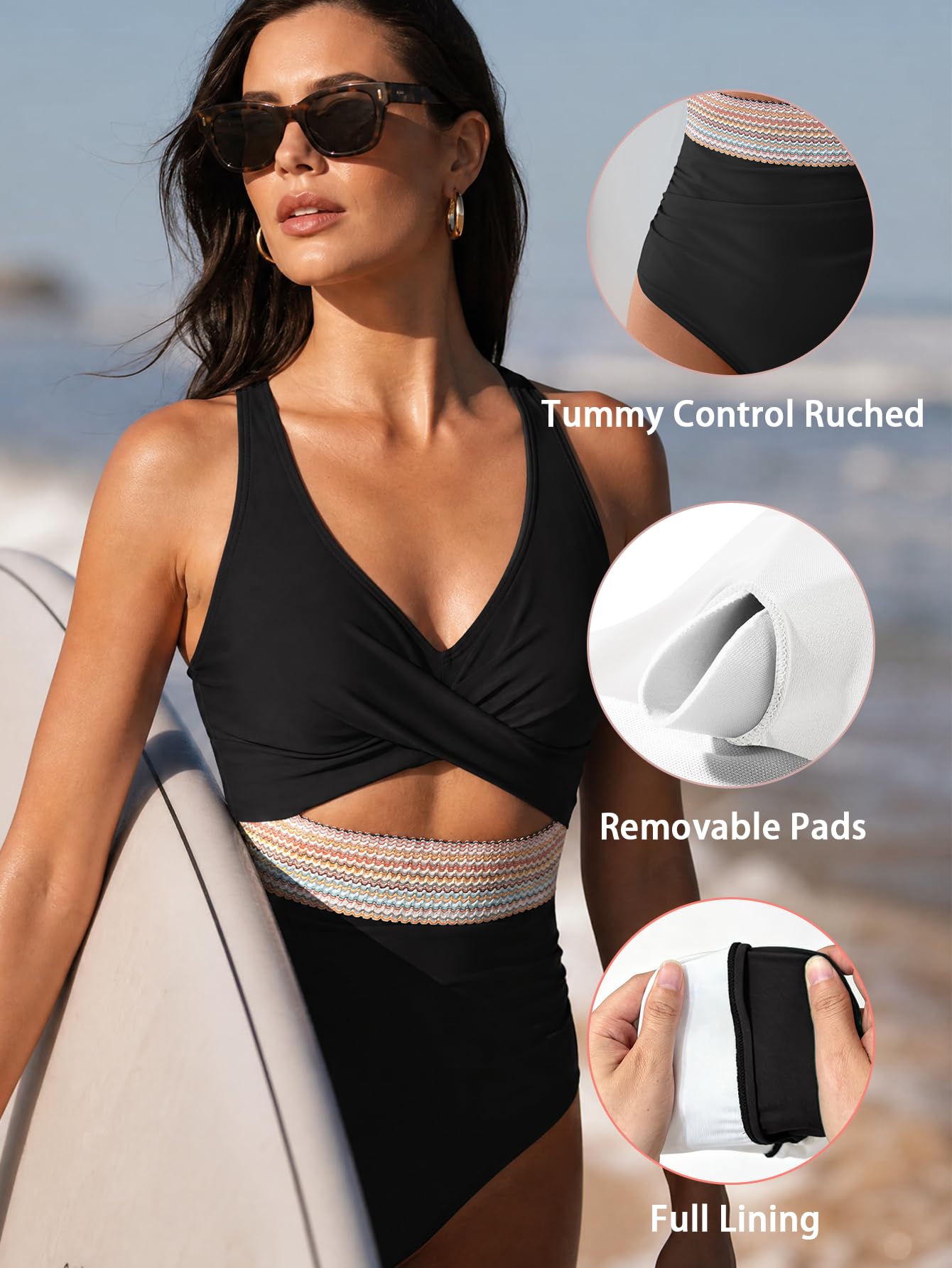 B2prity Traje de baño de una pieza para mujer, con control de abdomen, cuello en V, bloque de color, cintura alta, recortado