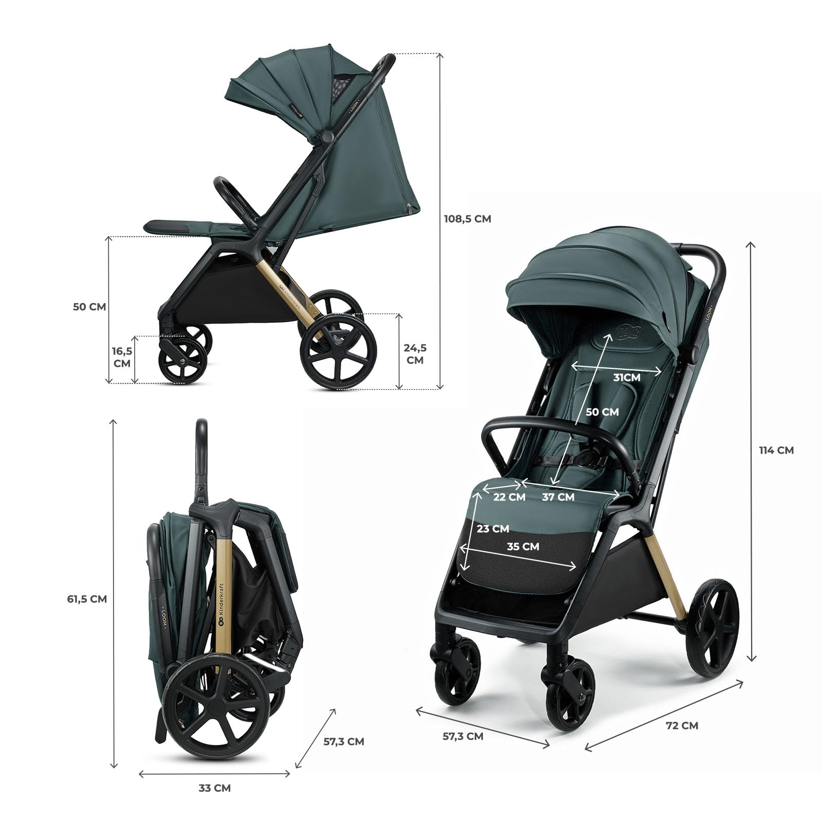 Kinderkraft LOOM Poussette compacte et légère, pliage automatique, jusqu’à 22 kg, Vert