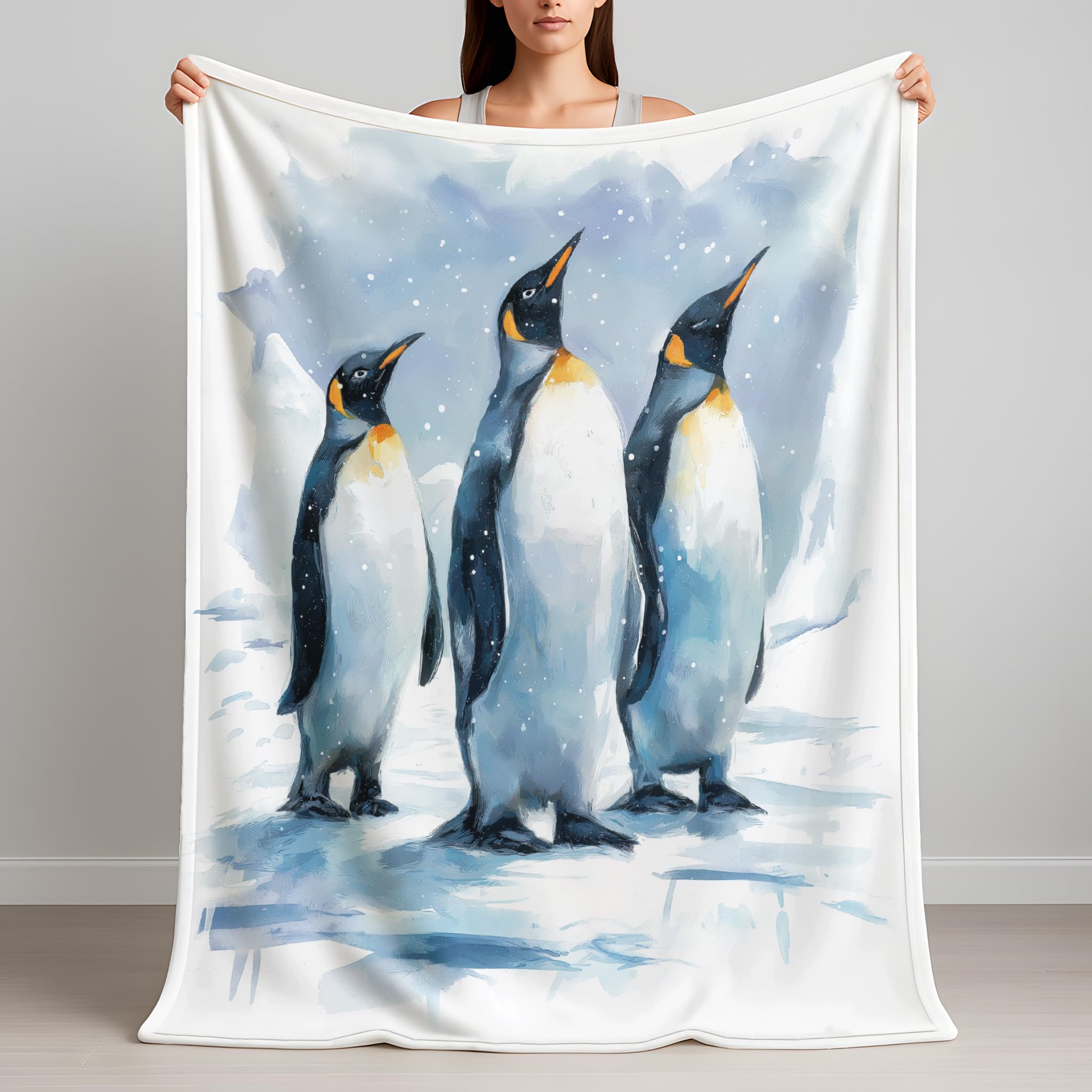 Generico Puszysty koc na sofę 150 x 200 cm, niebieski lód akwarela motyw kocyk prezenty dla mamy taty chłopak dziewczyna rodzina pingwin junior koce do domu sofa łóżko pokój dziecięcy