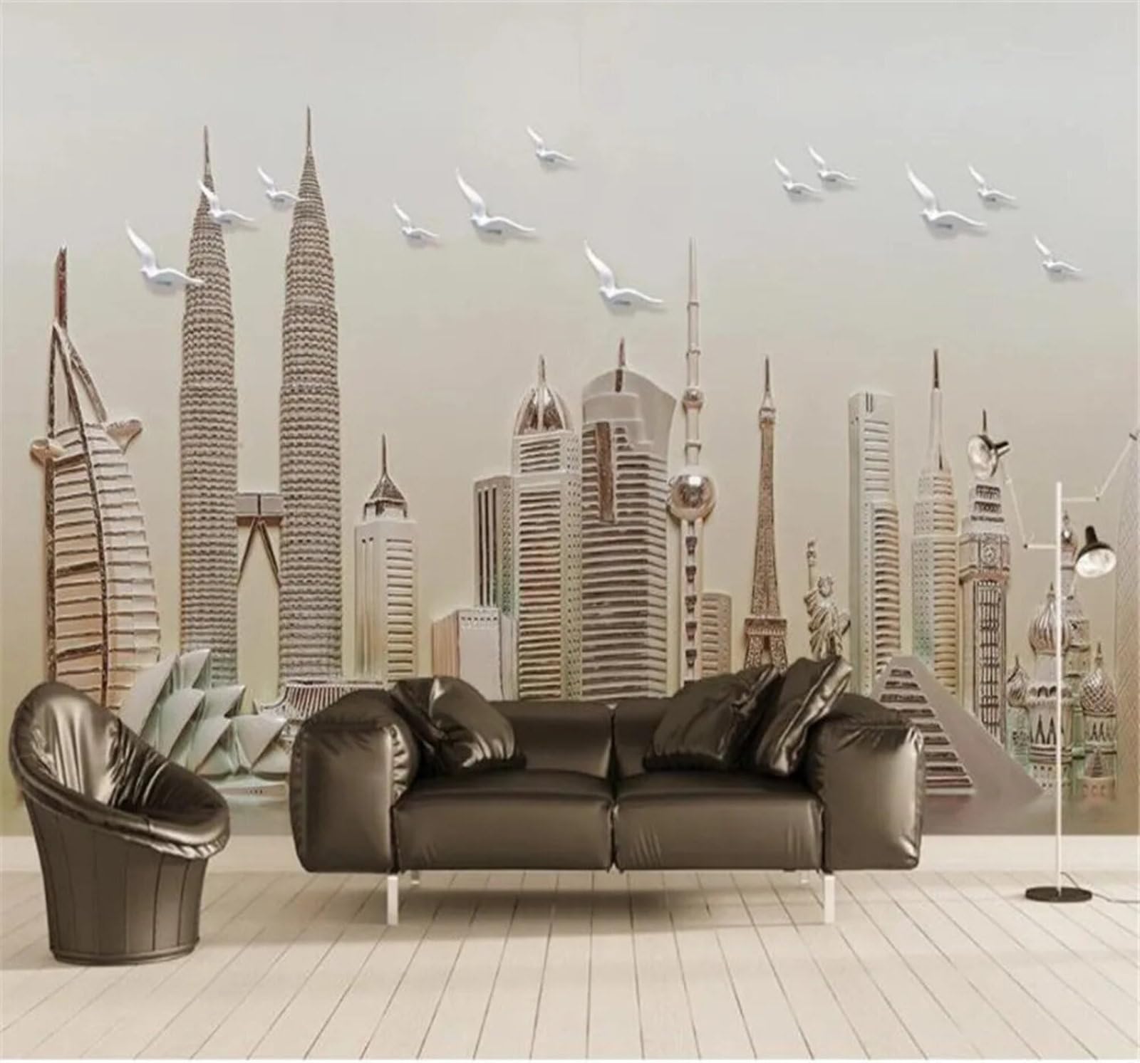 Tzxztt Three Dimensional Relief Architecture Birds in Flight Art Modern 3D Wallpaper Premium Textured Silk Neutral Tones Material Ideal for Living Room Bedroom-350cm×256cm