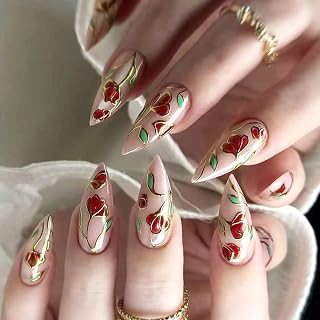 Medium Press on Nails Almond Shaped Fake Nails with Designs Rose Gel Glue on Fingernails Flower Gold Lines False Nails Summer Acrylic Nails Glossy Stick on Nails for Coquette Women