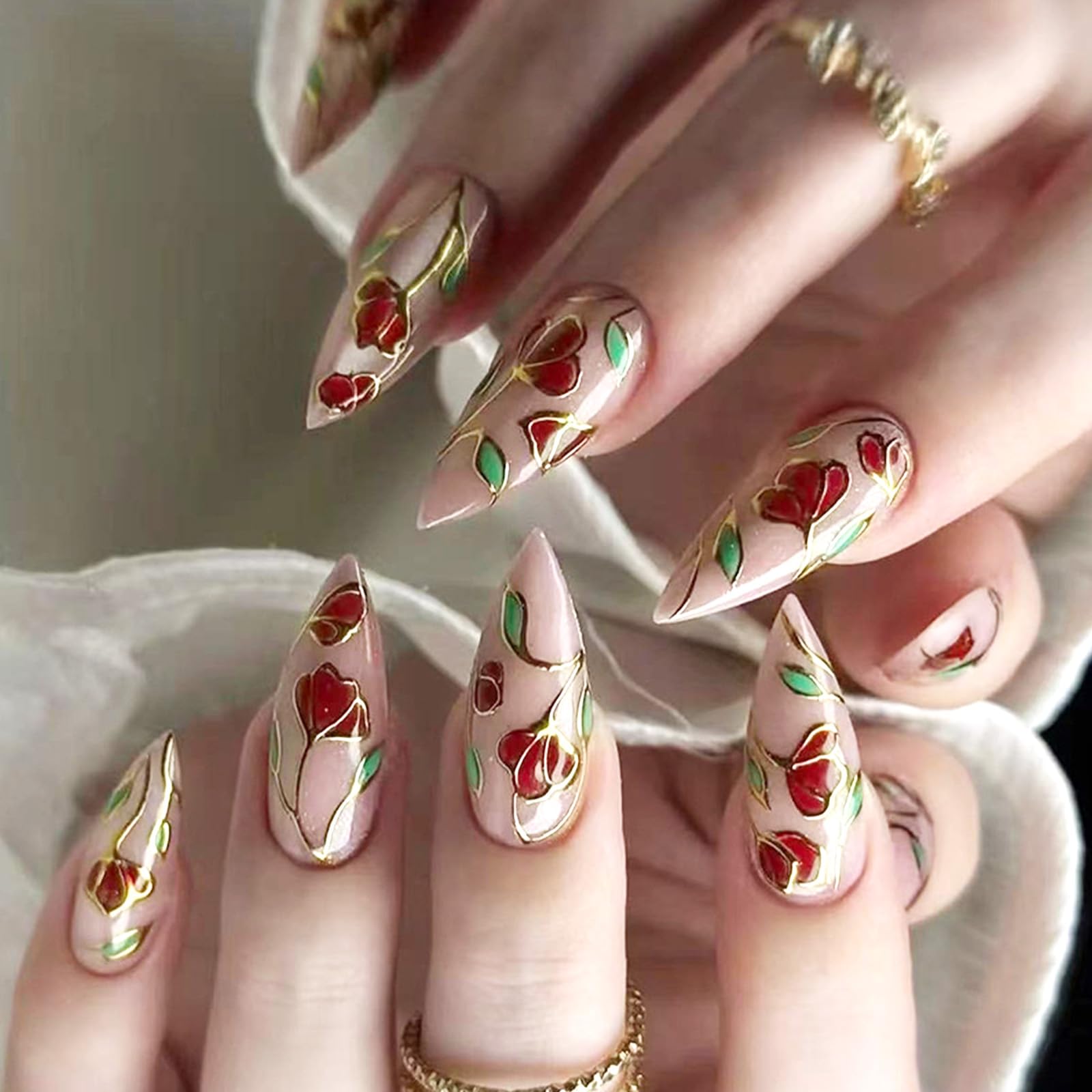 Medium Press on Nails Almond Shaped Fake Nails with Designs Rose Gel Glue on Fingernails Flower Gold Lines False Nails Summer Acrylic Nails Glossy