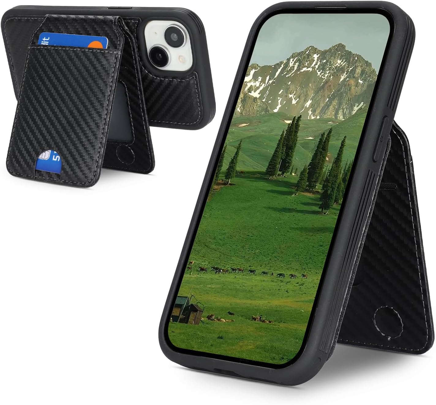 Ｈａｖａｙａ Magnetic Wallet Case for iPhone 14 & 13 (6.1) - Detachable 2-in-1 Carbon Fiber Cover Compatible MagSafe，with Card Holder & Kickstand - Black