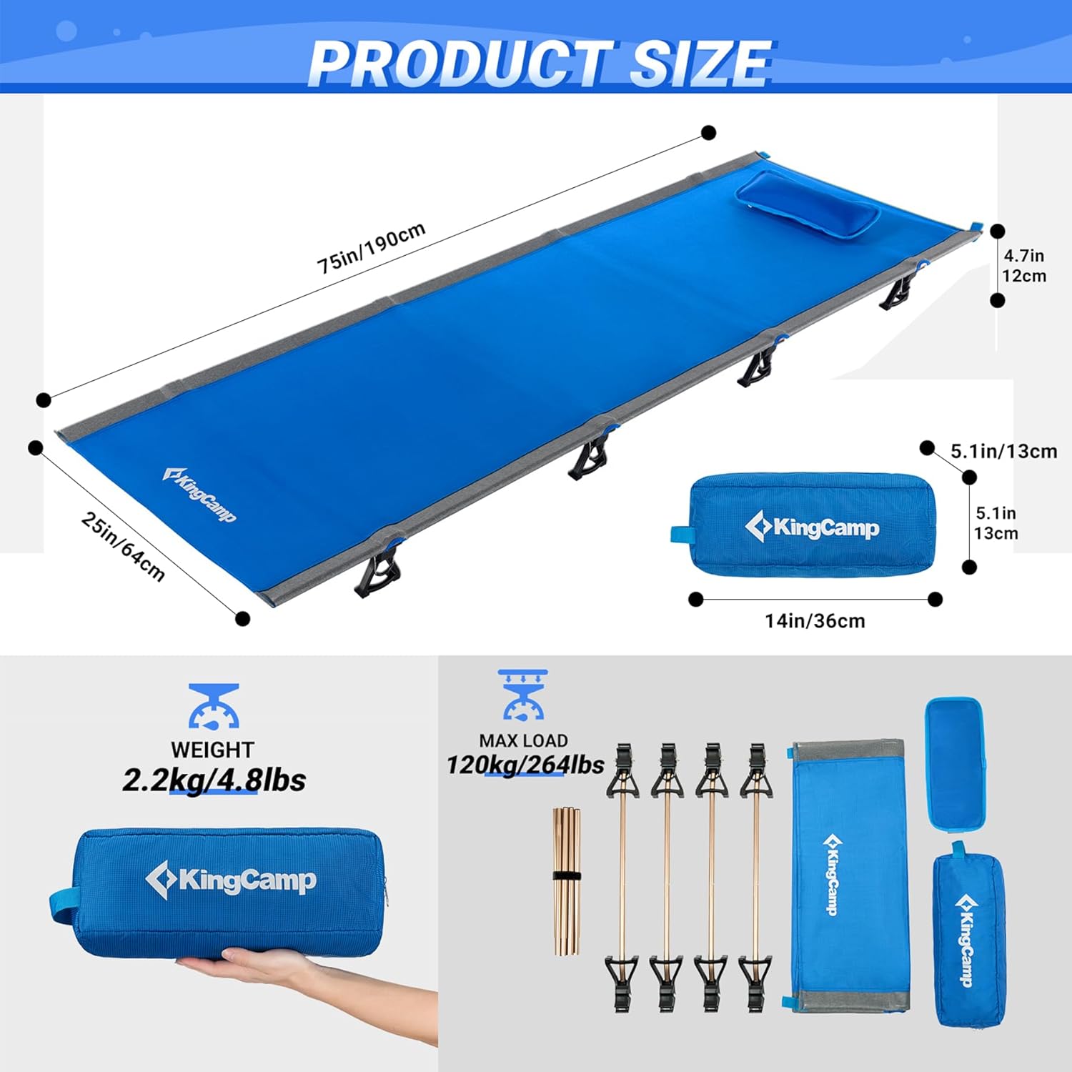 KingCamp Ultralight Camping Cot, Portable Folding Tent Camping Cot, 265 Lbs Heavy Duty Sleeping Cot with Pillow for Adults Outdoor Backpacking Travel Hiking, Blue