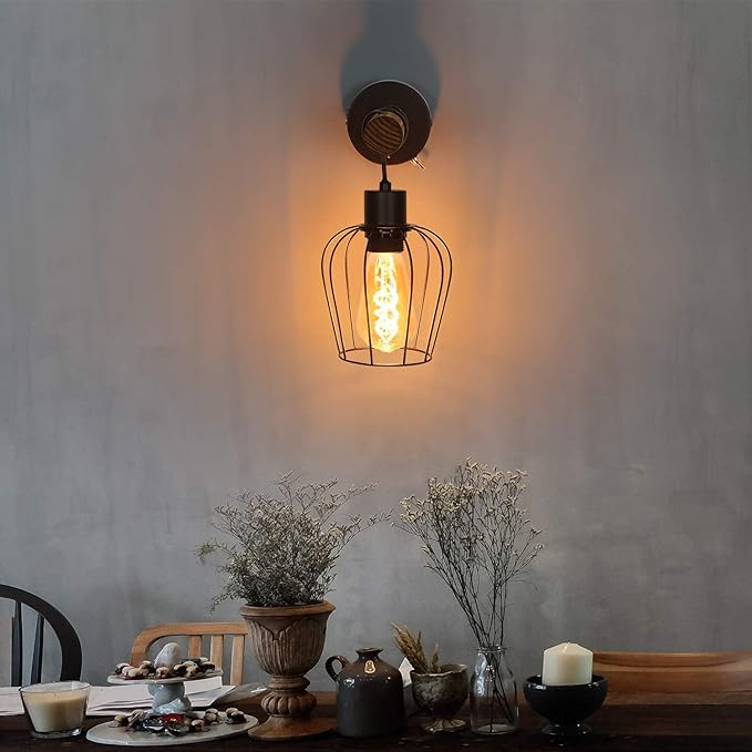 ZMH ZMH Wandlamp voor binnen, hout, vintage retro met schakelaar, industrieel design, E27, wandspot, zwart, met 1 vlam, van metaal, wandspot voor slaapkamer, woonkamer, hal, café, zonder lamp photo 3