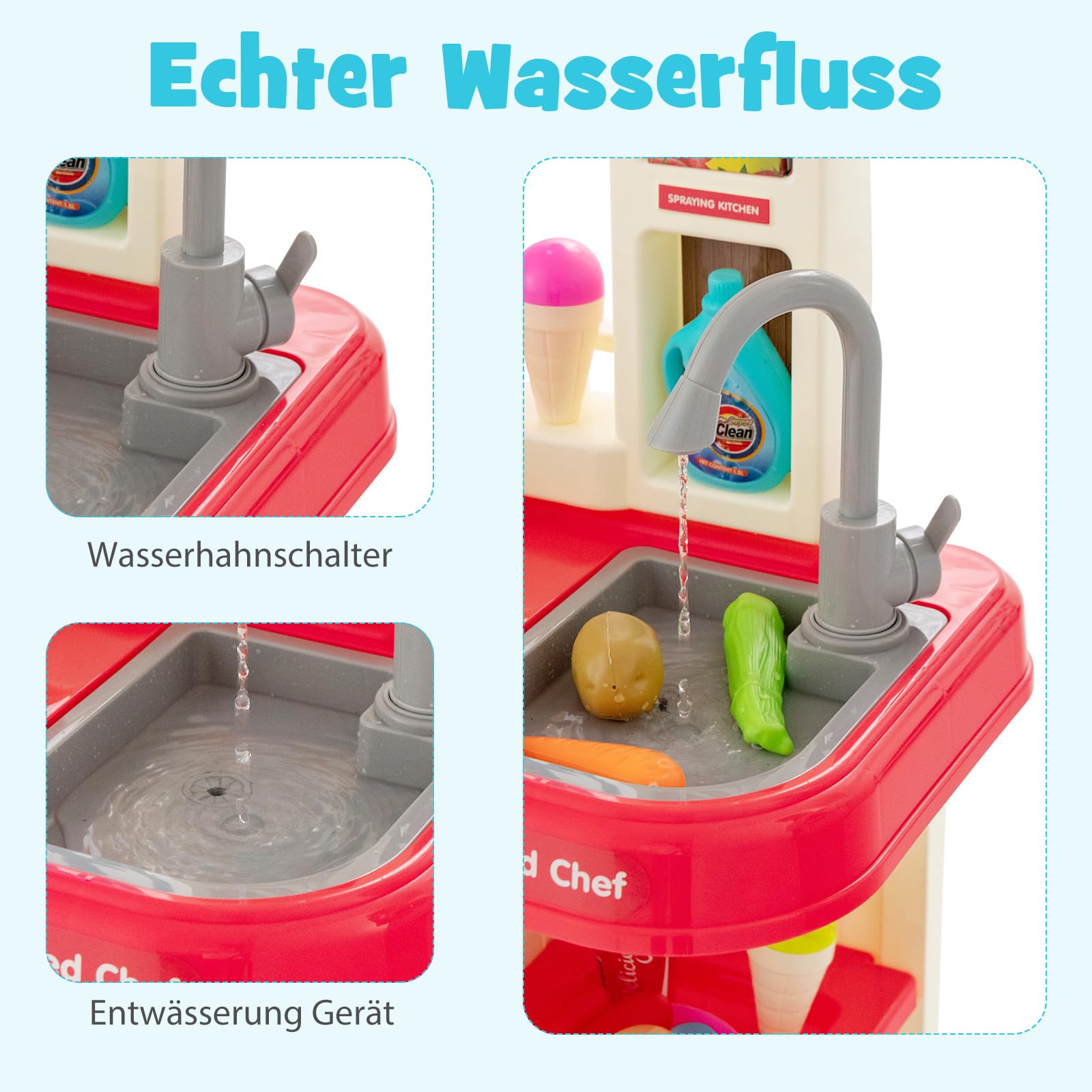 COSTWAY 65 TLG. Kinderküche mit Lichter, Musik und Sound, Spielküche inkl. Zubehör, Kinderspielküche mit Wasserpumpe, Spielzeugküche für Kleinkinder ab 3 Jahren (Rosa)