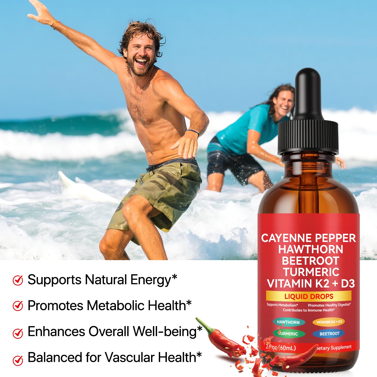 Cayenne Pepper Drops, Liquid Cayenne Pepper, Cayenne Health Supplements, Cayenne Pepper Hawthorn Beet Root Turmeric Curcumin, Vitamin K2 & D3, Vegan-Friendly- 2 Fl Oz — Amazon image 5