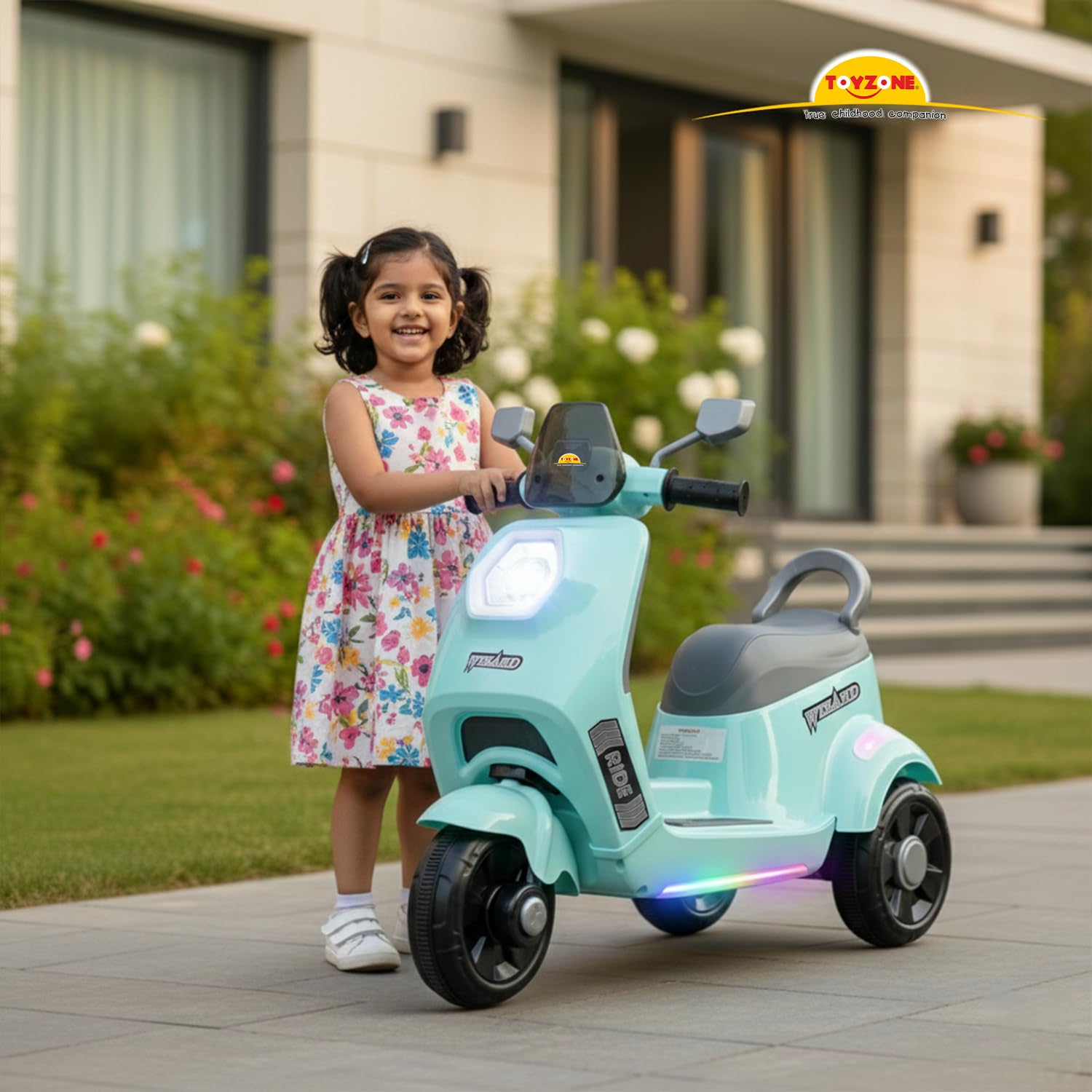 Toyzone Wizard Electric Scooty | Rechargeable Scooty 6V | Powered by 6.5 ah Battery | Music Player with Bluetoooth & USB | 6 Month Warranty on Battery | Make in India | for Kids 2+ Years (Blue) 1