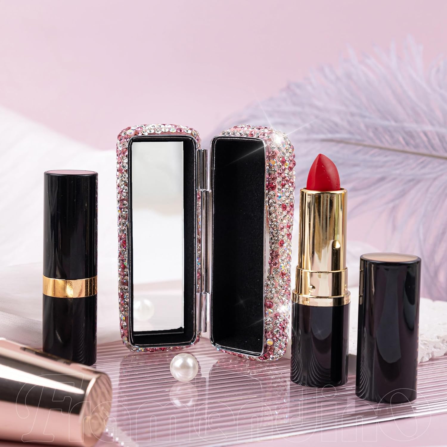 Framendino, Metal Lipstick Case With Mirror Bling Crystal Lip Pomade Holder for Women (Pink)