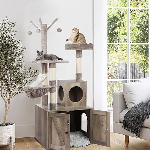 Miniatura 3 de Caja de arena con árbol para gatos, casa de madera para gatos con torre de árbol para gatos, mueble oculto para gatos con poste rascador, condominio