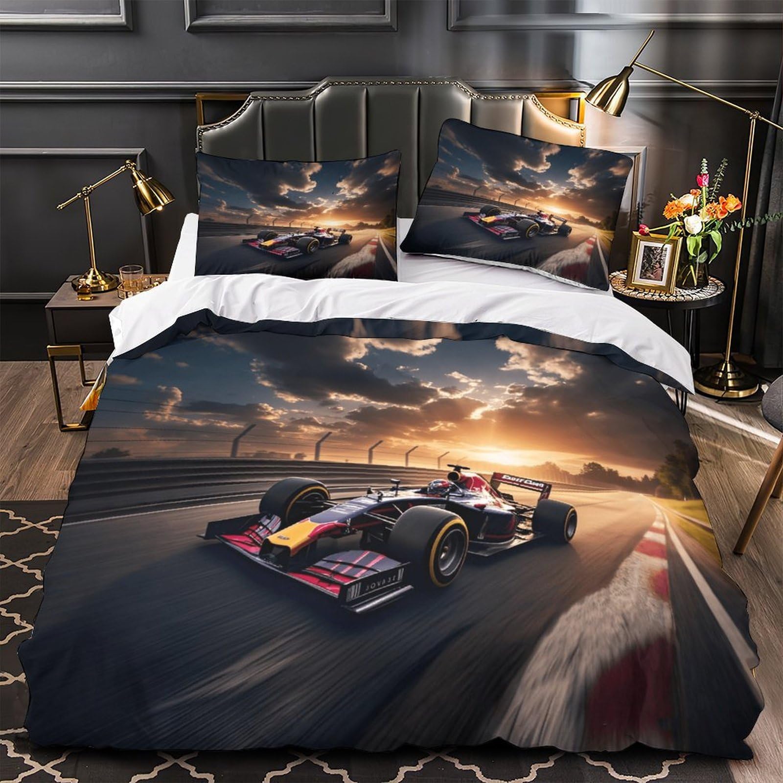 DAFUfbw Super King（260x220cm） Formulaa Racing Quilt Cover Set with Hidden Zipper, Racing Car Duvet Cover Set with Pillowcases Soft Microfiber Luxury Racing Car Bedding Set