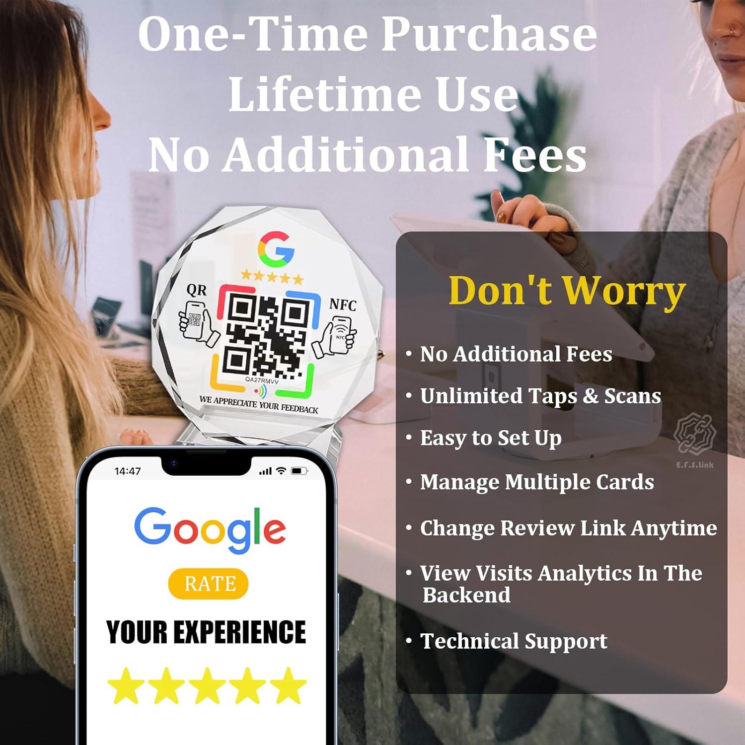 Octagonal Crystal Display with NFC & QR Code for Customer Reviews, No Monthly Fees & No App Needed, Compatible with Google Business Page, Tap or Scan to Leave Feedback