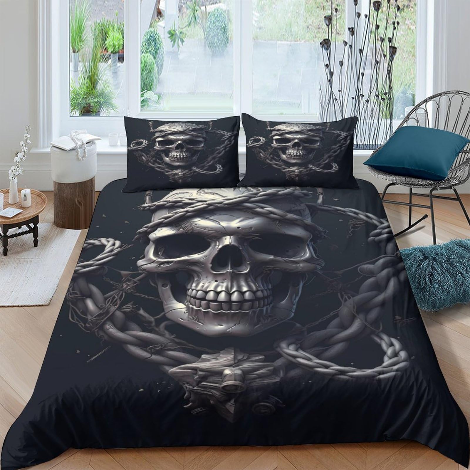 Ctjqhvkz Style-2 3D Printed Skull And Chain Fitted Sheet Microfiber Soft Mattress Cover Gothic Bed Decor For Bedroom Guest Room Single（135X200cm）