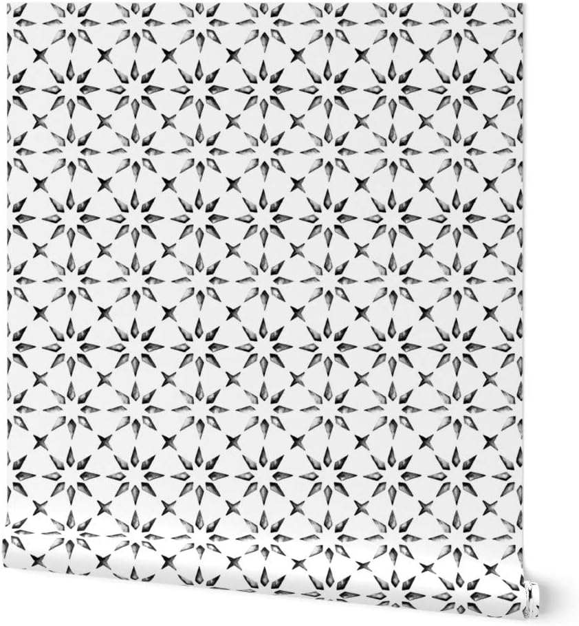 Removable Wallpaper 6ft x 2ft - Watercolor Tile Moroccan Black White Custom Pre-Pasted Wallpaper by Spoonflower